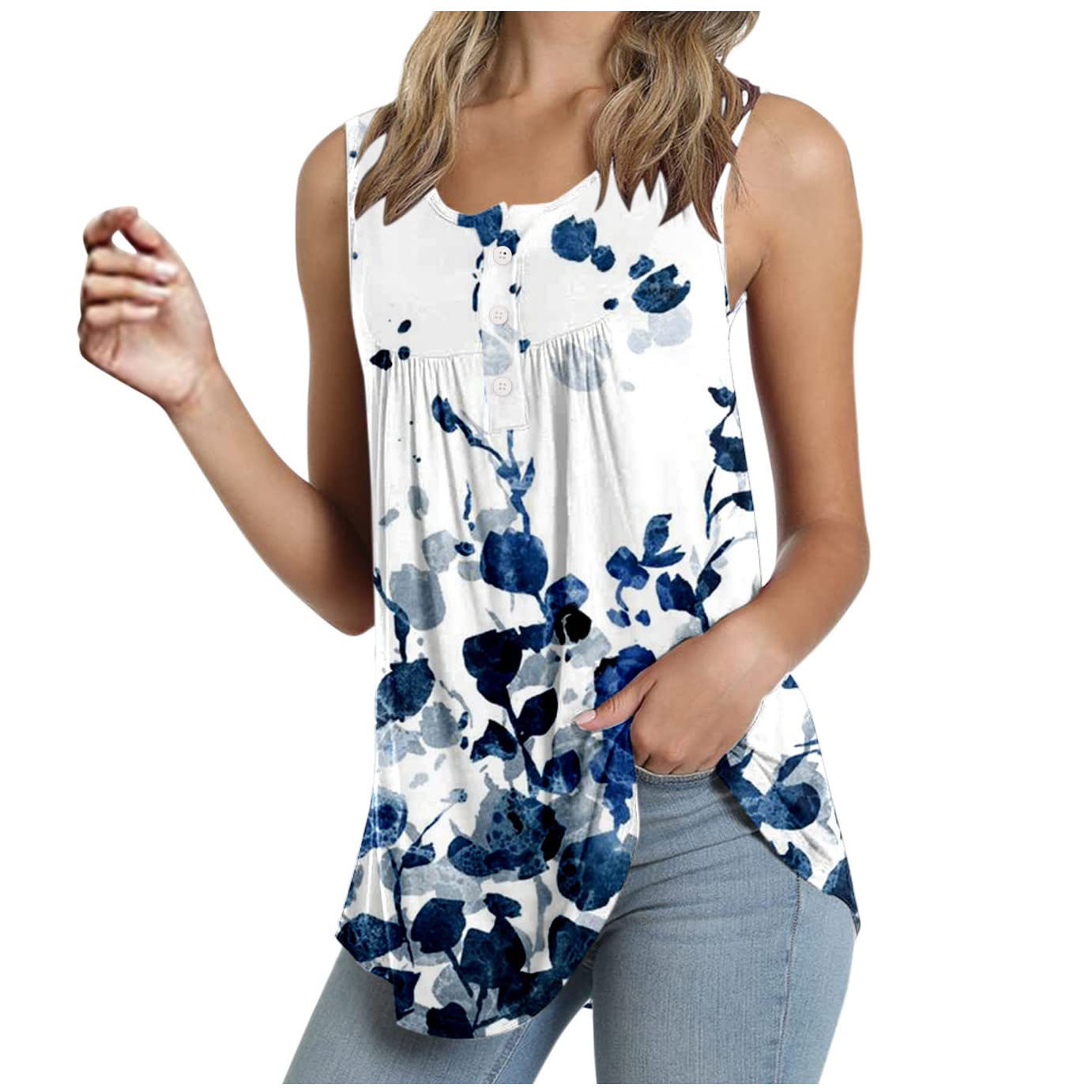 Women's Floral Flowy Swing Tank Top - Casual Pleated Button Sleeveless Tunic for Summer - Perfect for Beach, Vacation, and Everyday Wear