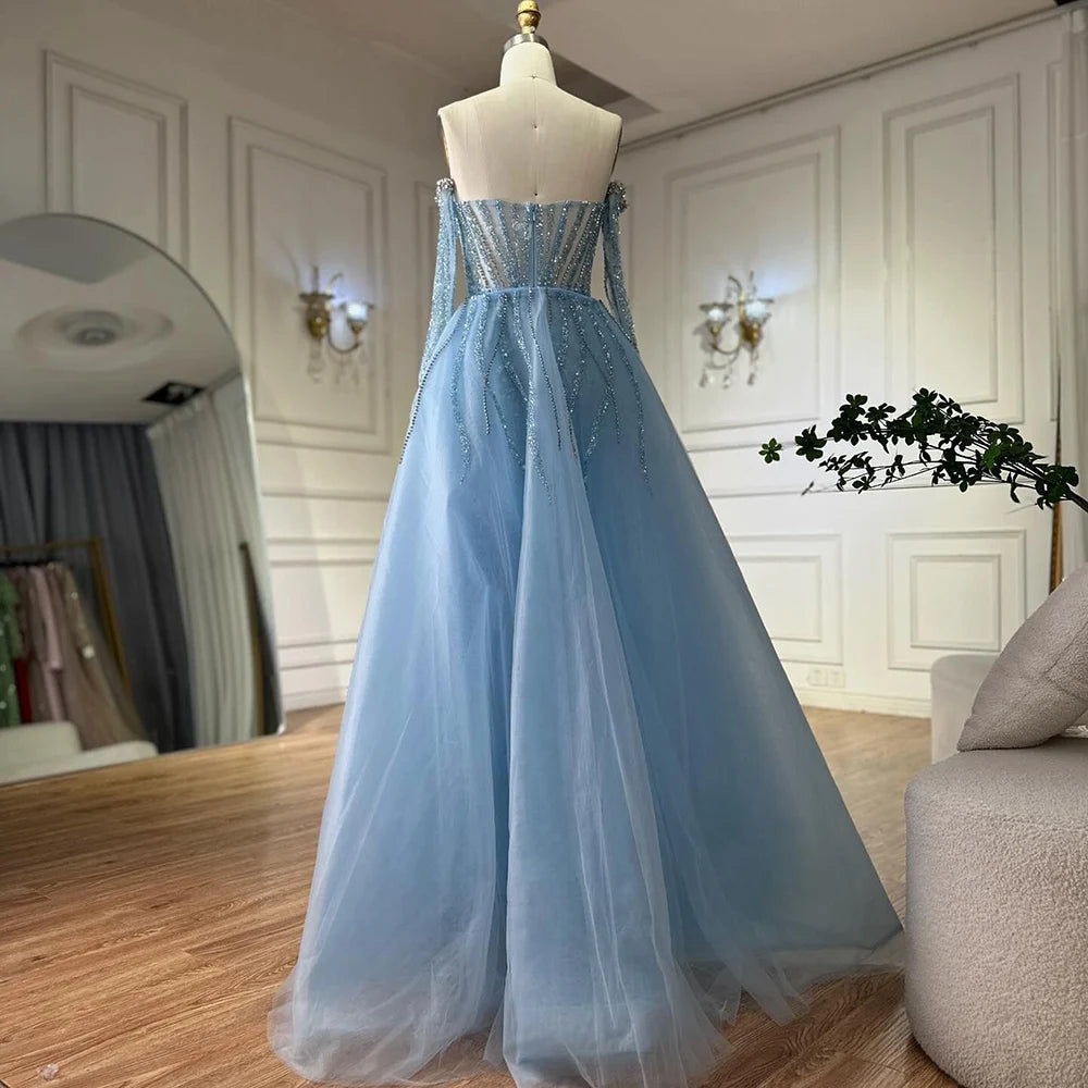 Luxury Dubai Arabia Blue Mermaid Evening Dress with Gloves & Overskirt - Formal Gown for Prom, Wedding, Red Carpet Events | Elegant Women's Party Dress LA72582