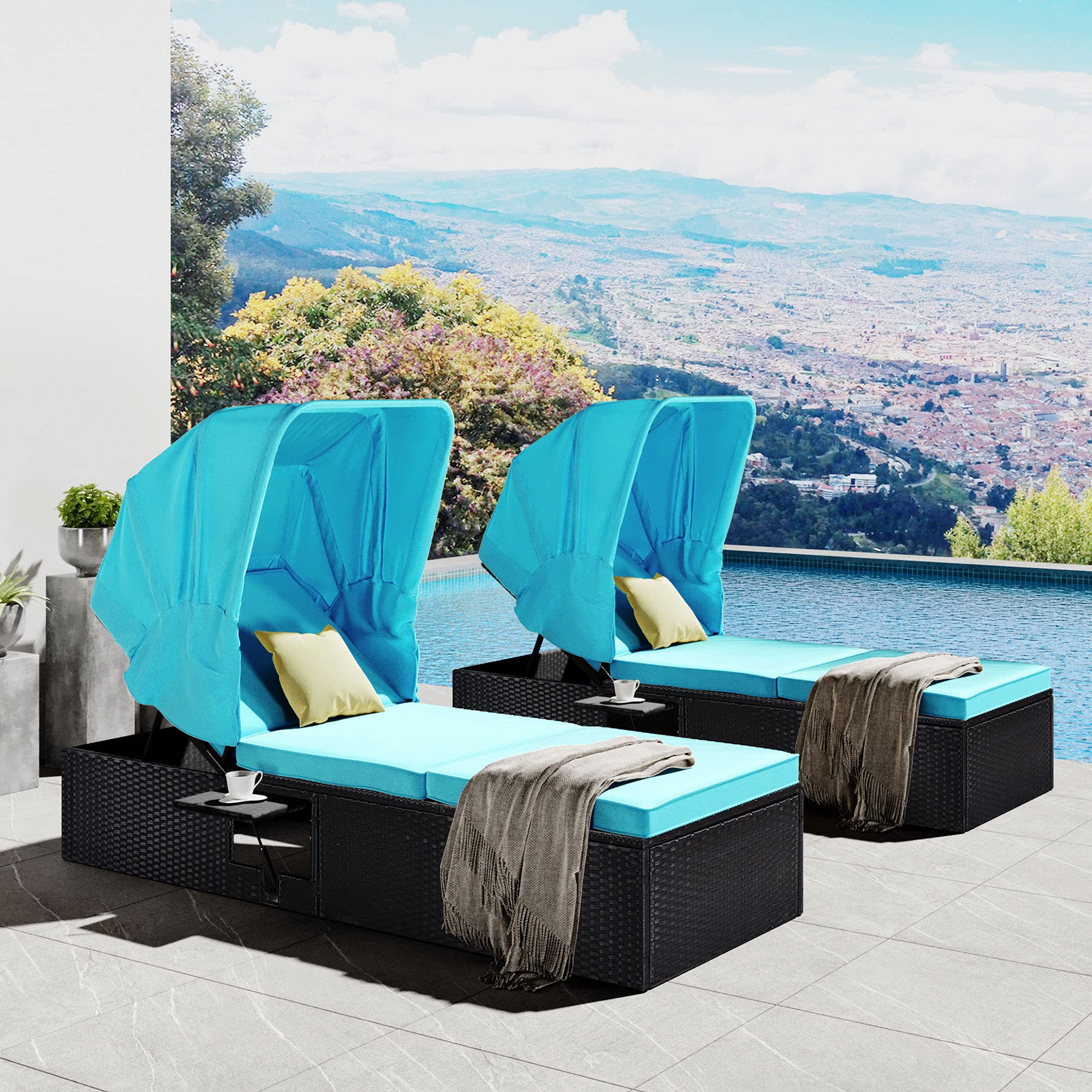 LZ LEISURE ZONE Outdoor Chaise Lounge with Cushions, Canopy & Cup Table - Adjustable Reclining Patio Furniture for Poolside, Beach & Backyard Relaxation (Set of 2, Blue)