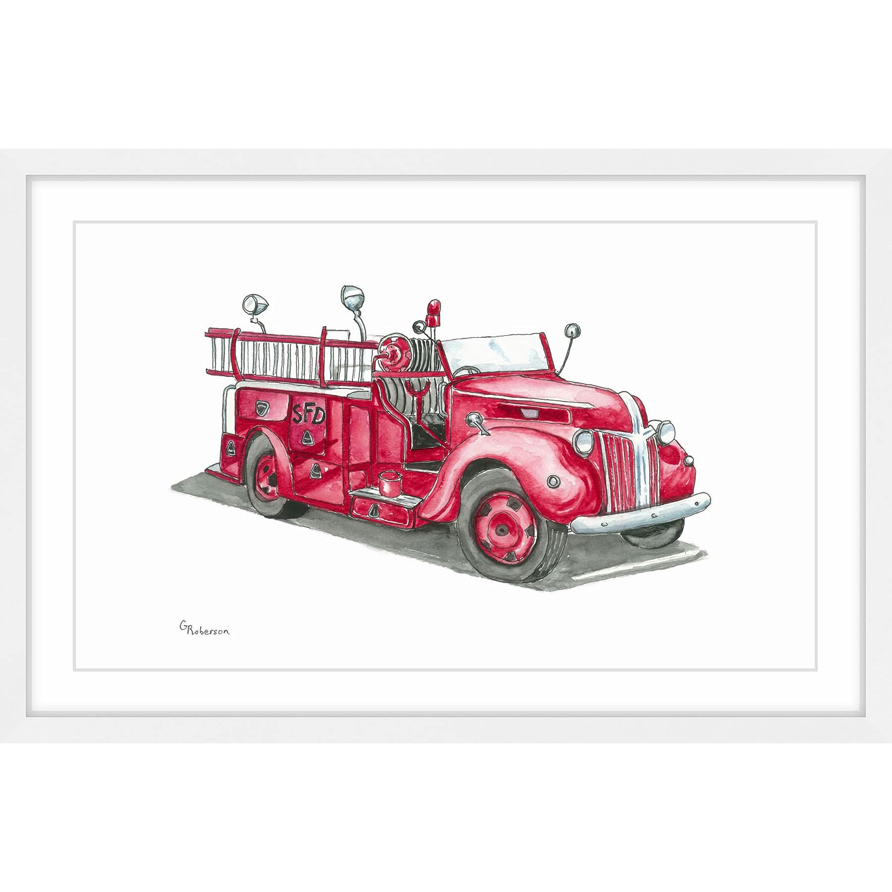 Handmade Vintage Fire Truck Framed Print 24x16 - Marmont Hill Wall Art Decor for Living Room, Bedroom & Office