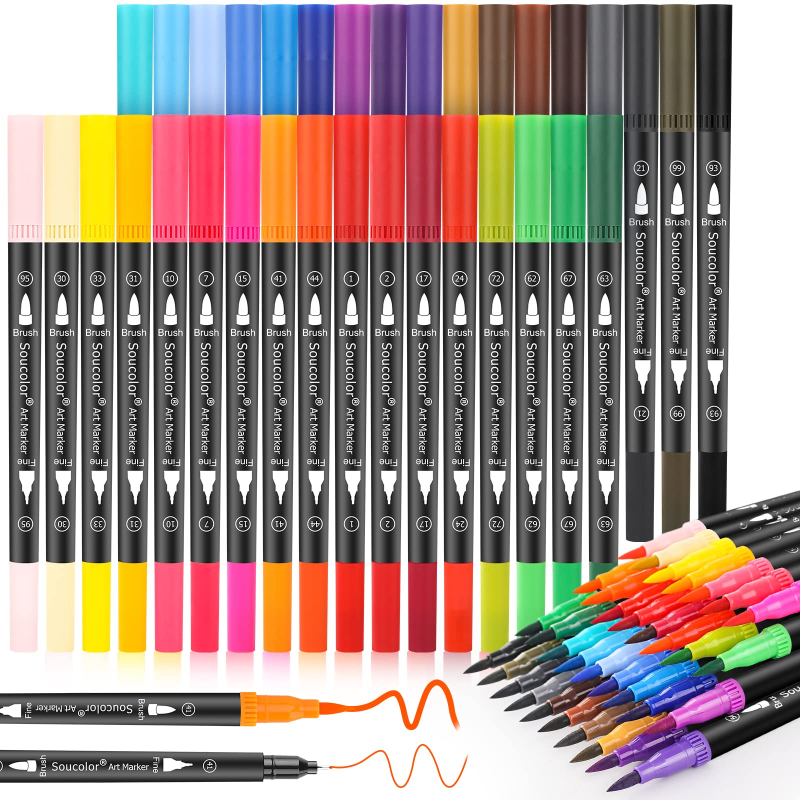 Soucolor 34 Colors Dual Tip Brush Markers - Fine Point & Brush Pens for Adult Coloring Books, Calligraphy, Drawing, Note Taking | Vibrant Art Supplies for Kids, Students & Artists | Perfect for Bullet Journals, Planner Decorations & Creative Projects