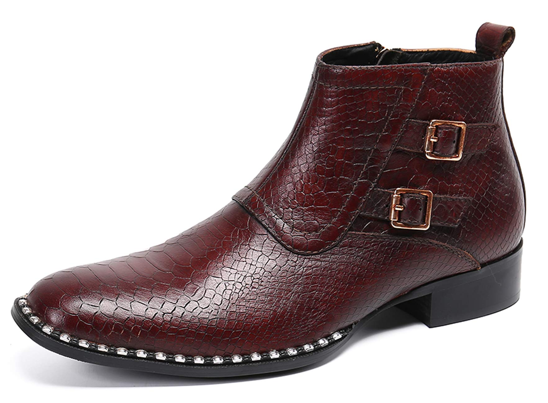 Men's Leather Dress Boots with Round Toe & Side Zipper - Formal & Casual Red Boots for Work, Office & Special Occasions
