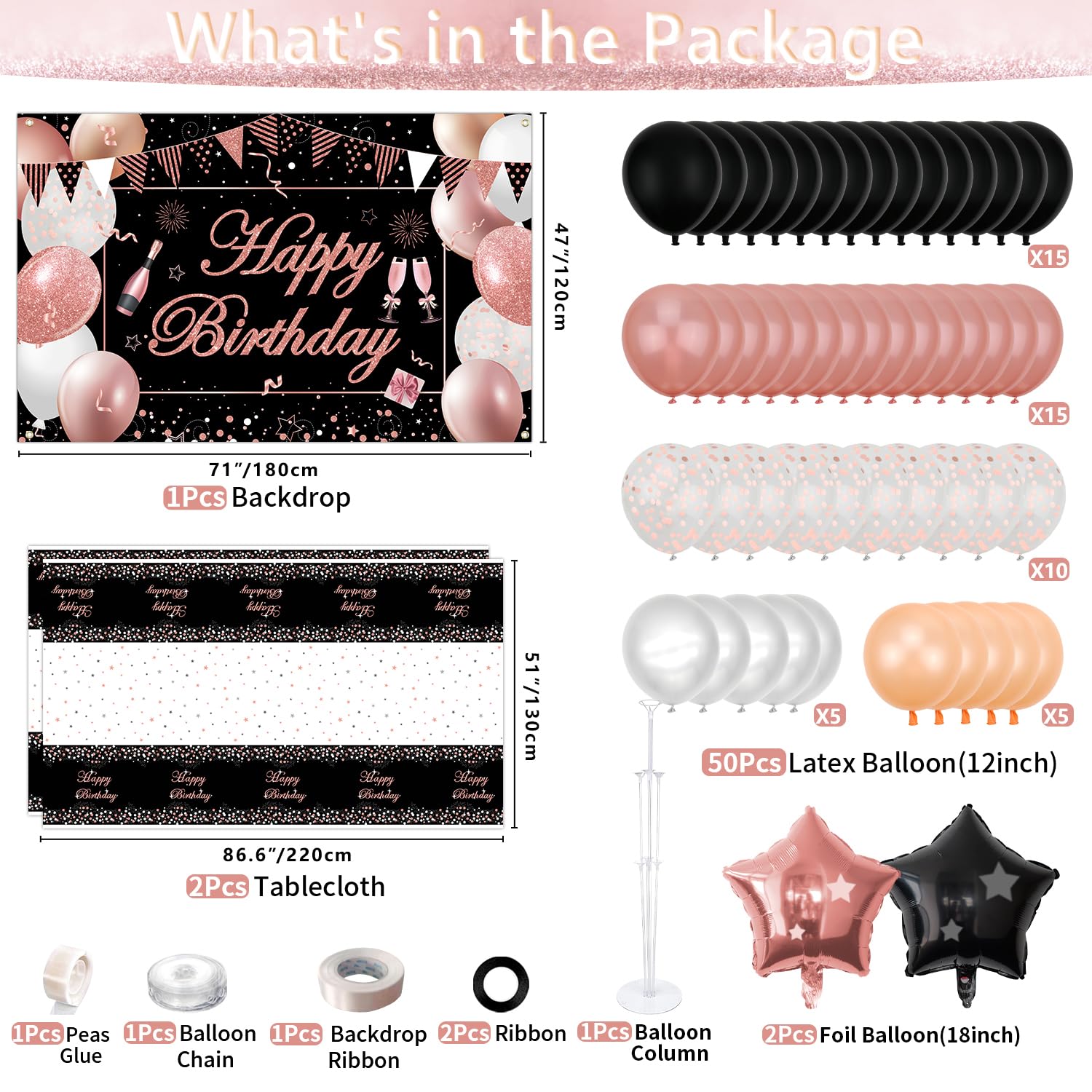 Rose Gold and Black Party Decorations Set - Elegant Backdrop Banner, Tablecloth, Balloon Columns, Latex & Foil Balloons for Women's Birthday, Bridal Shower, Anniversary & Bachelorette Party Decor
