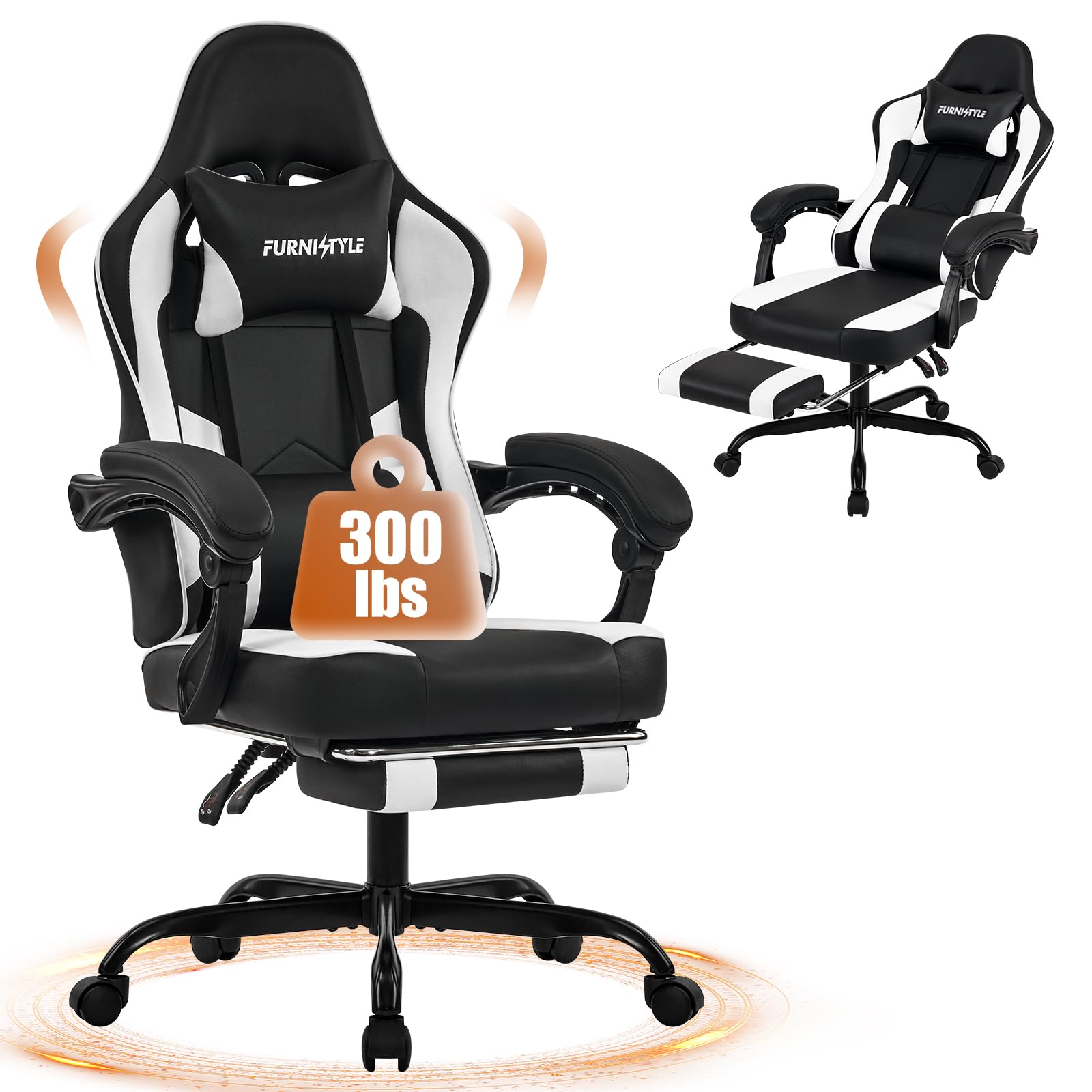 Ergonomic Gaming Chair with Adjustable Footrest & Lumbar Support - Reclining Computer Desk Chair for Adults with Linkage Armrests - PU Leather Office & Video Game Chair (Black-White) - Perfect for Esports, Streaming & Home Office Workspace