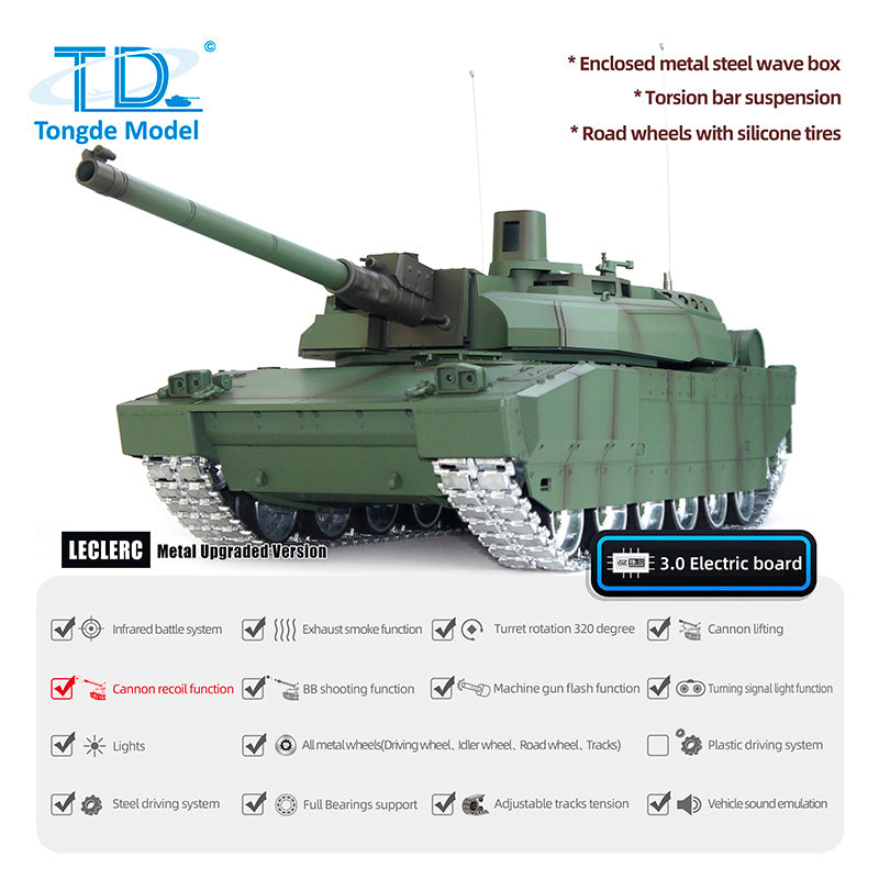 1/16 Scale RC Military Tank - H2408 Leclerc Battle Tank with Metal Wheels, Gearbox, Infrared BB Barrel, Recoil & Smoke Effects | Remote Control Toy for Adults & Collectors | Battle Simulation, Outdoor Play & Display