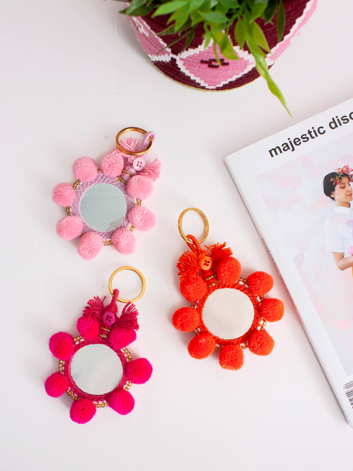 Super Soft Pom Pom Mirror Keychains - Cute Mini Car Accessories for Women, Girls | Perfect for Handbags, Backpacks, Keyrings & Gift Giving