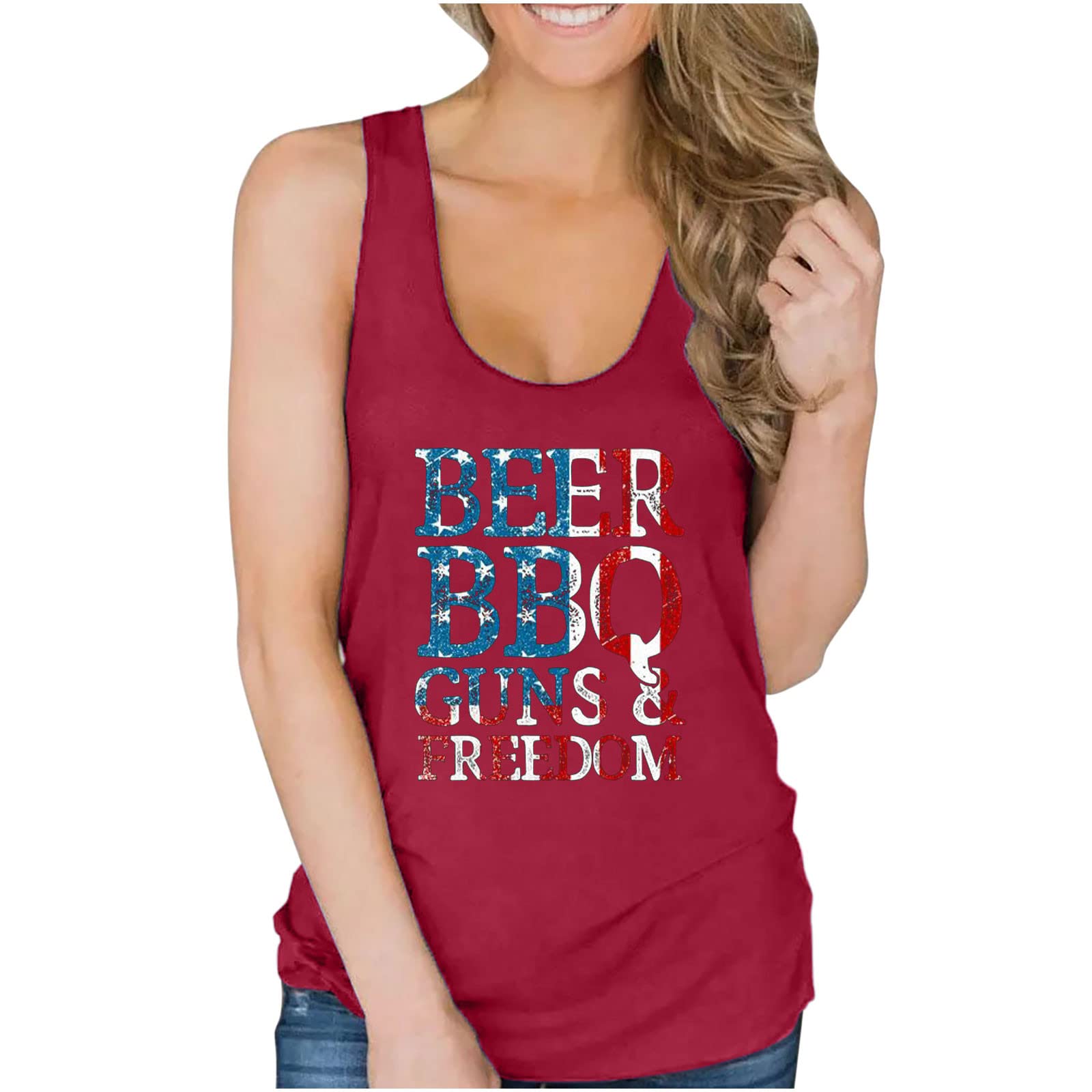 Patriotic American Flag Tank Top - Women's BBQ Beer 4th July Tee for Outdoor Parties