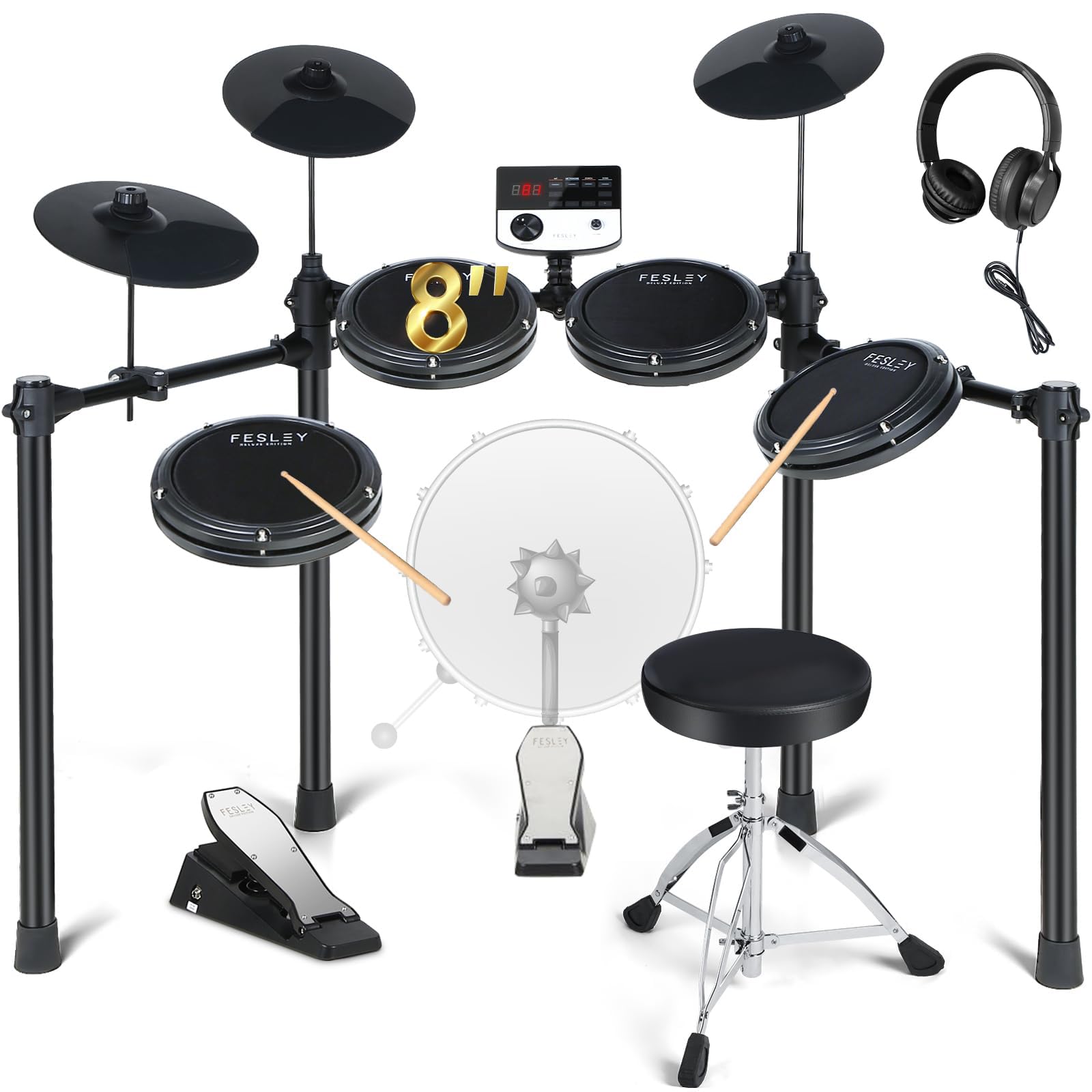 Fesley 5-Piece Electronic Drum Set with 3 Cymbals & 4 Quiet Mesh Pads - Complete E-Drum Kit for Beginners & Adults (Includes Drum Throne, Headphones, Sticks, USB MIDI) - Perfect for Home Practice, Studio Recording & Live Performances
