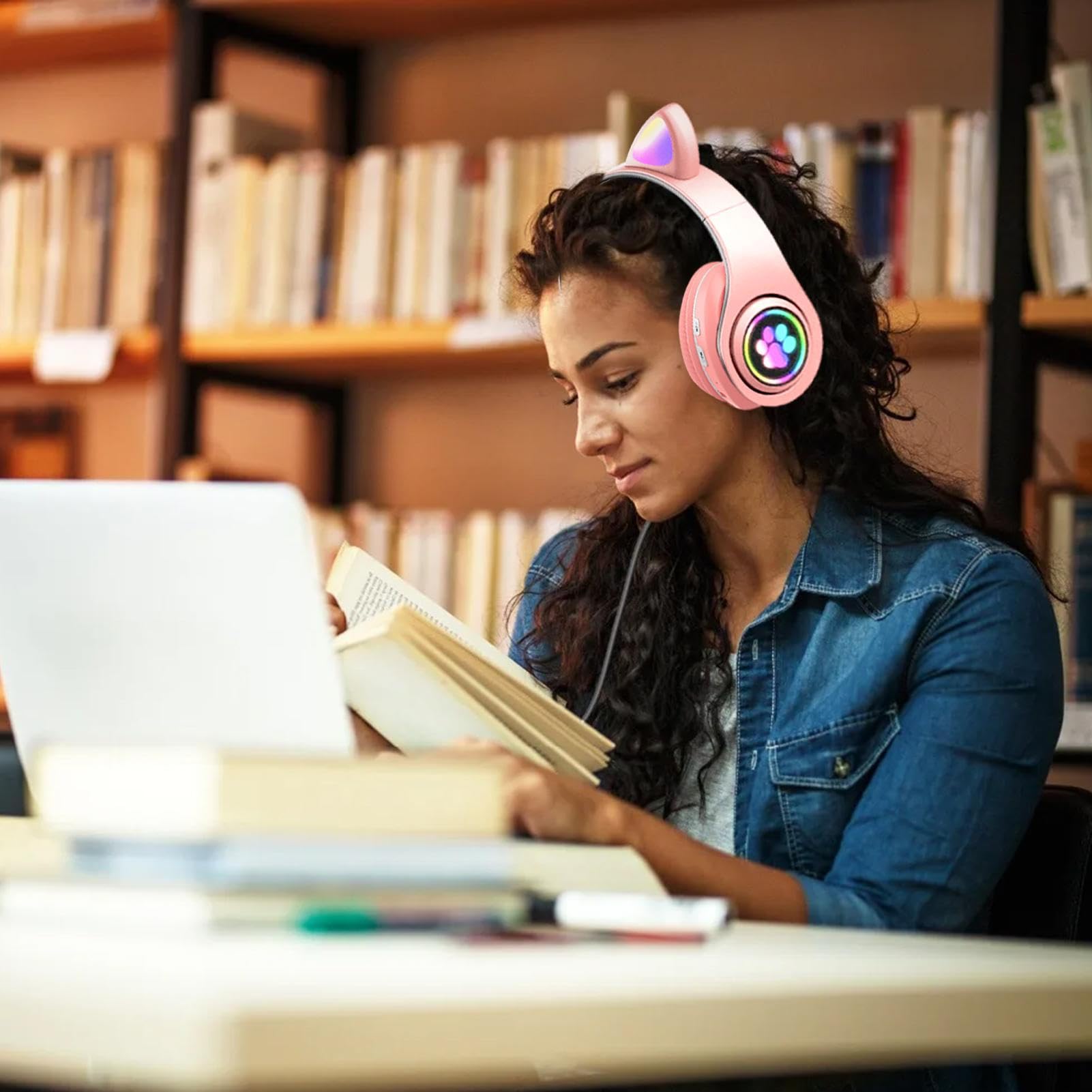 Wireless Cat Ear Headphones with Microphone, LED Lights & FM Radio - Bluetooth & Wired On-Ear Stereo Headset for Kids, Girls & Boys - Perfect for Phone Calls, Music, TV & Laptop Use - Cute Gift for Anime Fans & Gamers
