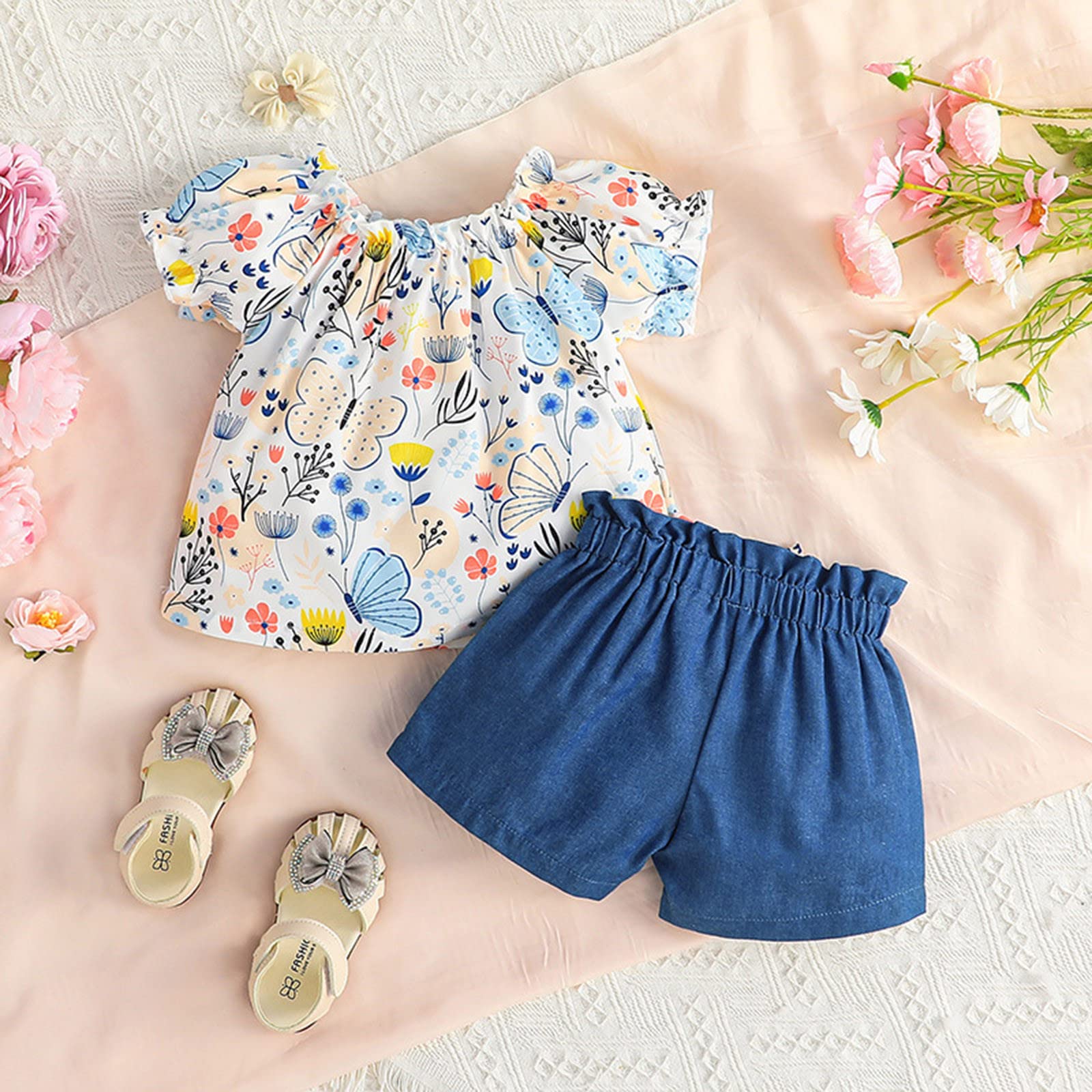 TBUIALL Toddler Girls Summer Outfits - Floral Embroidery Fly Sleeve Top & Shorts 2-Piece Set (Blue, 18-24 Months) | Cute Playwear for Shy Girls, Beach & Park Outfits