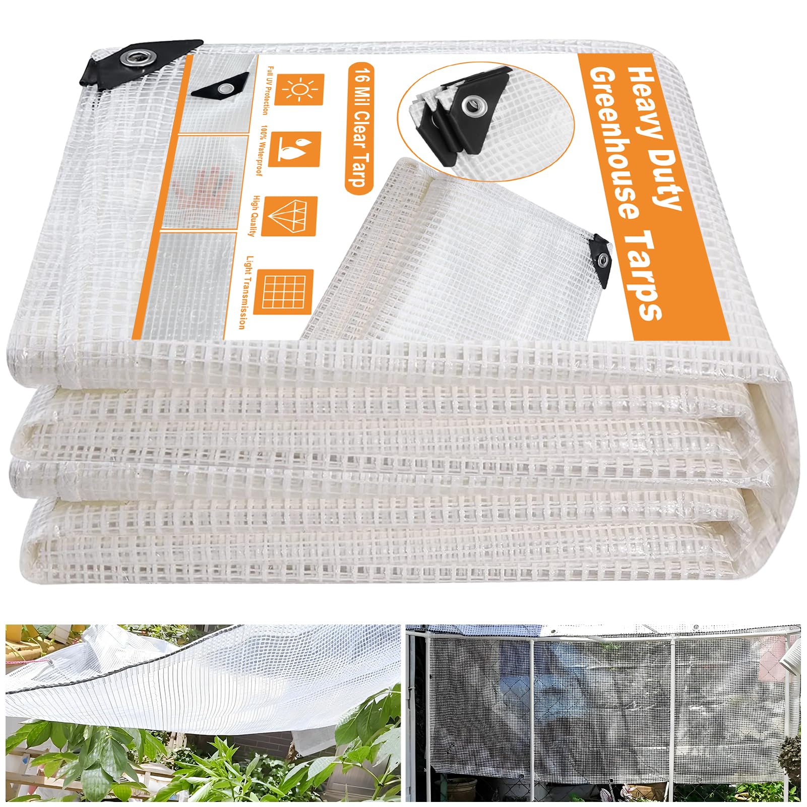 16 Mil Clear Heavy Duty Waterproof Greenhouse Cover - UV Resistant Polyethylene Plastic Tarp 20x30 ft with Reinforced Grommets - Durable Protection for Gardening, Farming, Nursery & Outdoor Use - Ideal for Plant Growth, Crop Protection and Weatherproof Shelter