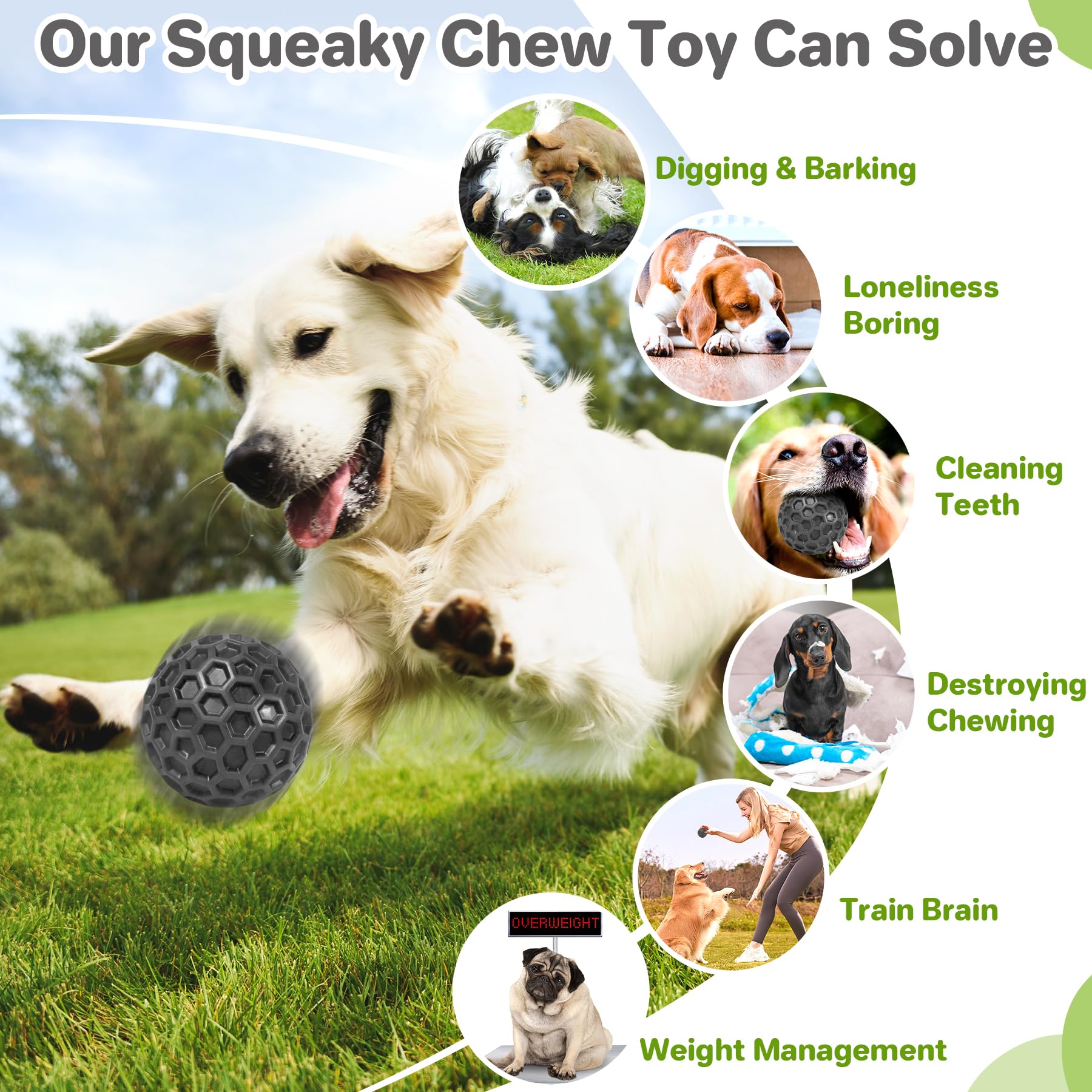 Ultra Durable Squeaky Dog Balls - Indestructible Chew Toys for Large Breed Aggressive Chewers - Anxiety Relief & Teeth Cleaning - Perfect for Outdoor Play, Fetch & Training - Tough Rubber Dog Toys for German Shepherds, Pitbulls & Big Dogs