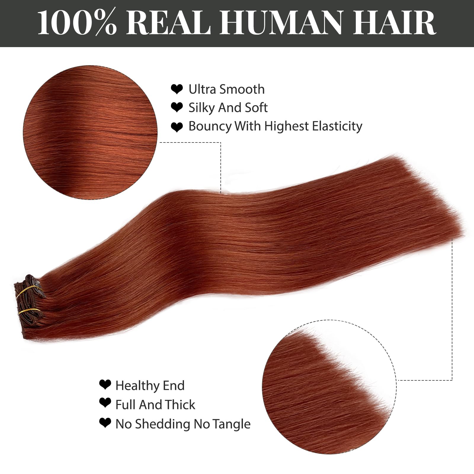 Belaved 14 Inch 70g Auburn Remy Human Hair Extensions Clip-Ins for Women - 7pcs Seamless Natural Hair Extensions #135 - Perfect for Parties, Weddings & Daily Styling
