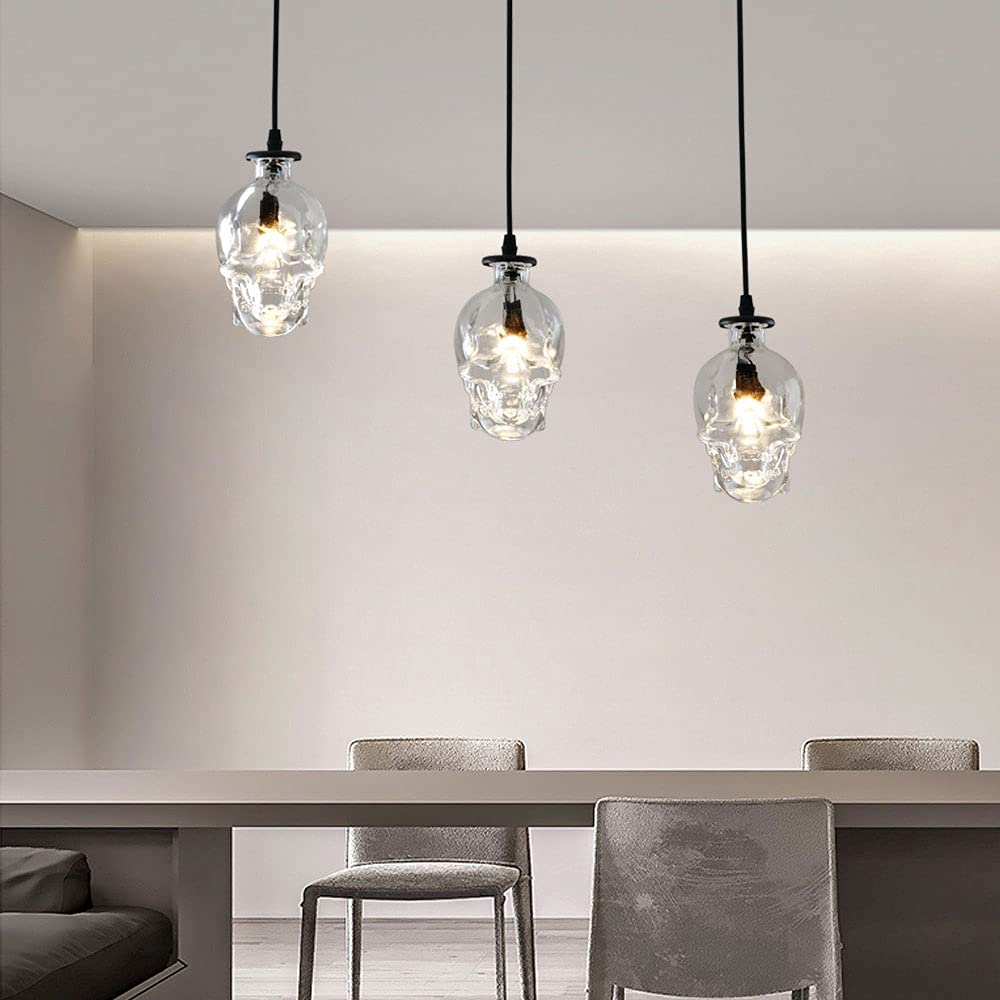 Vintage Skull Pendant Light - Adjustable 3-Light Glass Chandelier for Kitchen Island, Dining Room & Bar | Modern Retro Ceiling Hanging Fixture with Creative Personality Design