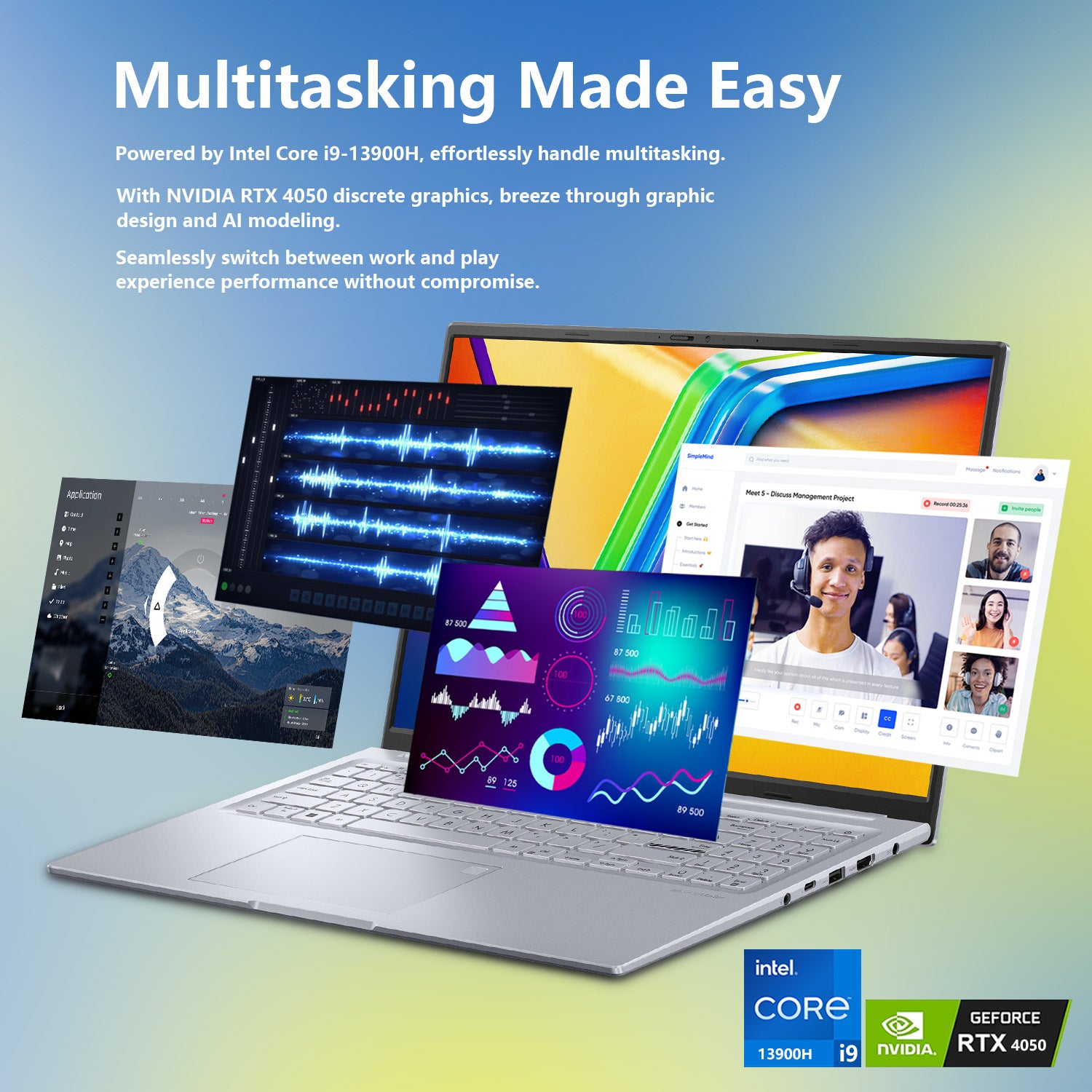 ASUS Vivobook Pro 16 Laptop - Intel Core i9, 16GB RAM, NVIDIA RTX 4050, 1TB SSD, Windows 11 Home, 60Hz Display - Silver | Powerful Performance for Gaming, Video Editing & Multitasking