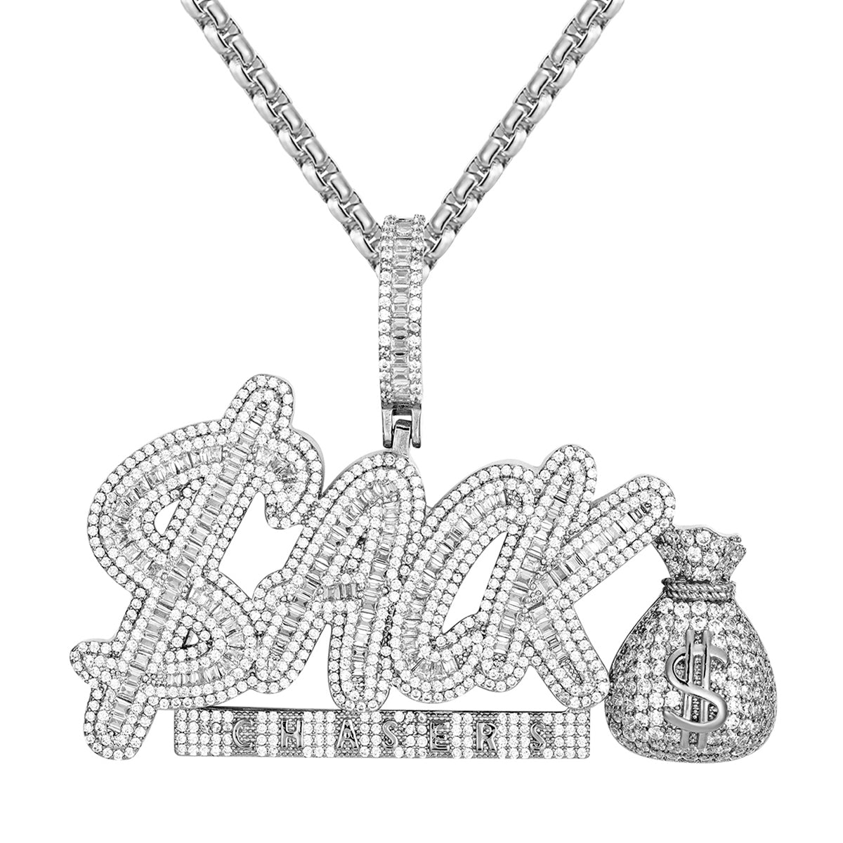 925 Sterling Silver Baguette Sack Chasers Dollar Bag Icy Pendant Necklace for Women - Elegant Hip Hop Jewelry Gift for Parties & Special Occasions