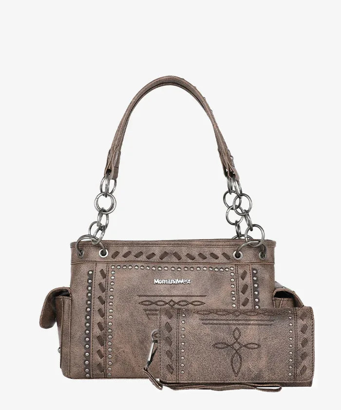 Montana West Whipstitch Studs Concealed Carry Satchel Purse - Stylish Women's Leather Crossbody Bag for Everyday Use, Travel & Work