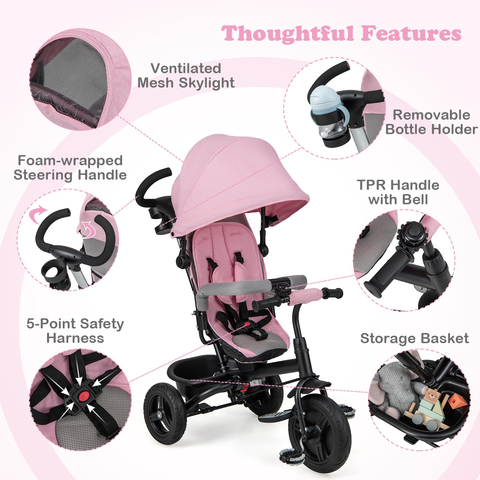 HONEY JOY 6-in-1 Convertible Kids Tricycle with Adjustable Push Handle & Canopy - Reversible Seat, Safety Belt, Folding Pedals, Cup Holder & Storage - Toddler Tricycle for Ages 9 Months to 5 Years (Pink) - Perfect for Outdoor Play, Park Rides & Neighborhood Strolls