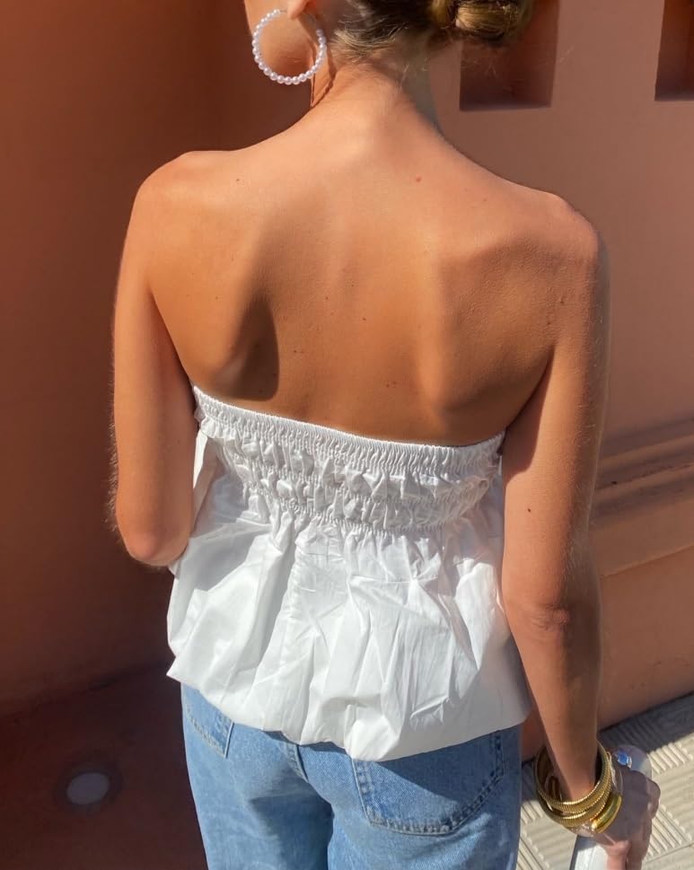 Women's Bubble Tube Top with Ruffle Hem - Off Shoulder Crop Shirt | Cute Puffy Bandeau Y2K Summer Sleeveless Tops for Beach, Party & Casual Outfits