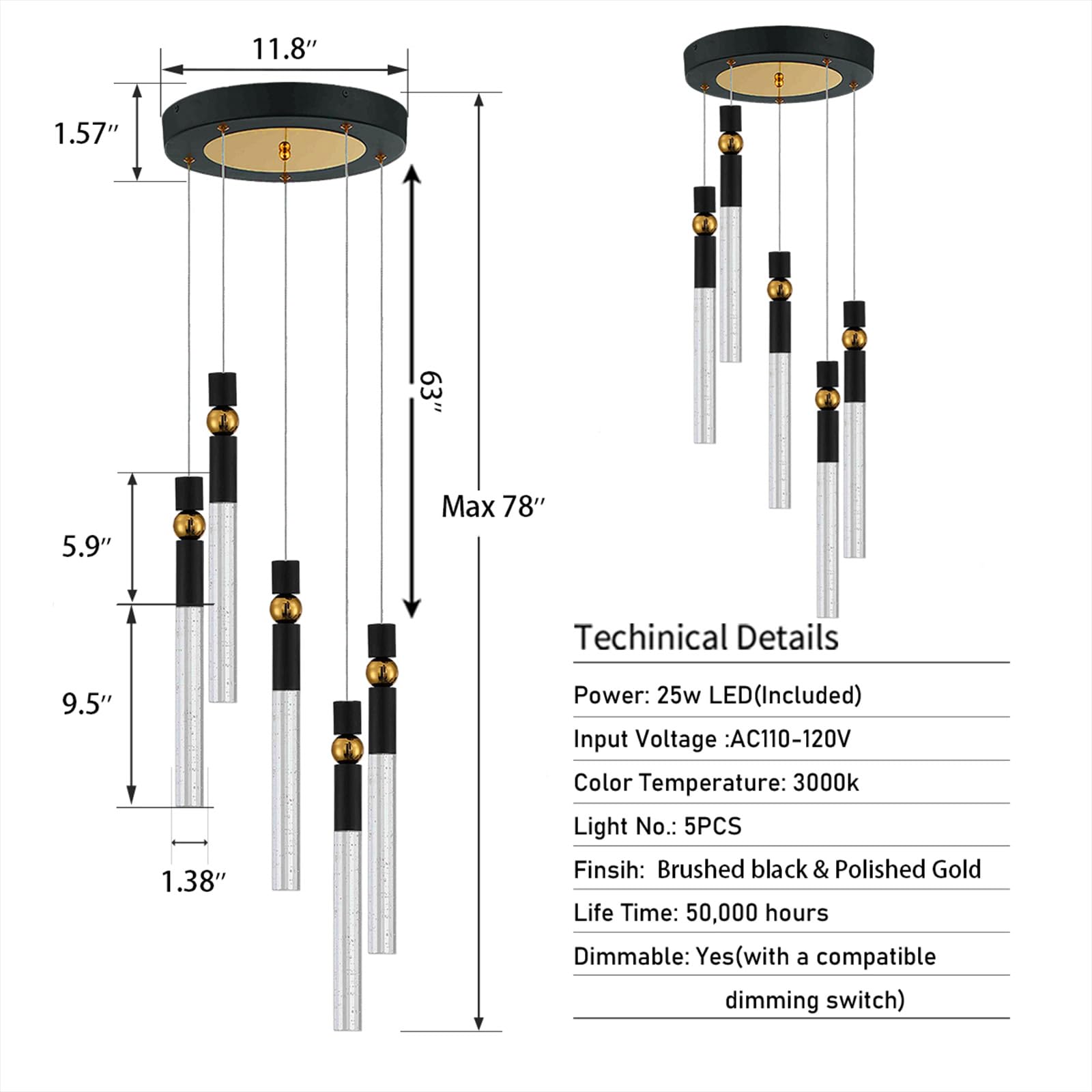JoollySun Modern Crystal Pendant Light Fixture - 5-Light Cluster LED Chandelier for Kitchen Island, Dining Room Table in Black Gold Finish | Perfect for Contemporary Home Decor & Restaurant Lighting