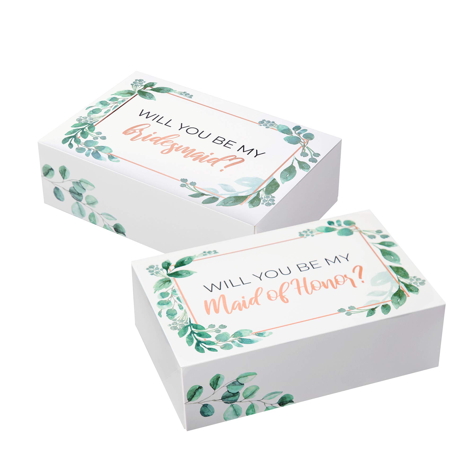 Pop Fizz Designs Bridesmaid Proposal Box Set - 10 Pack (1 Maid of Honor + 9 Bridesmaid Boxes) with Greenery & Rose Gold Foil - Perfect for Wedding Party Proposals, Bridal Shower Gifts & Bachelorette Party Favors