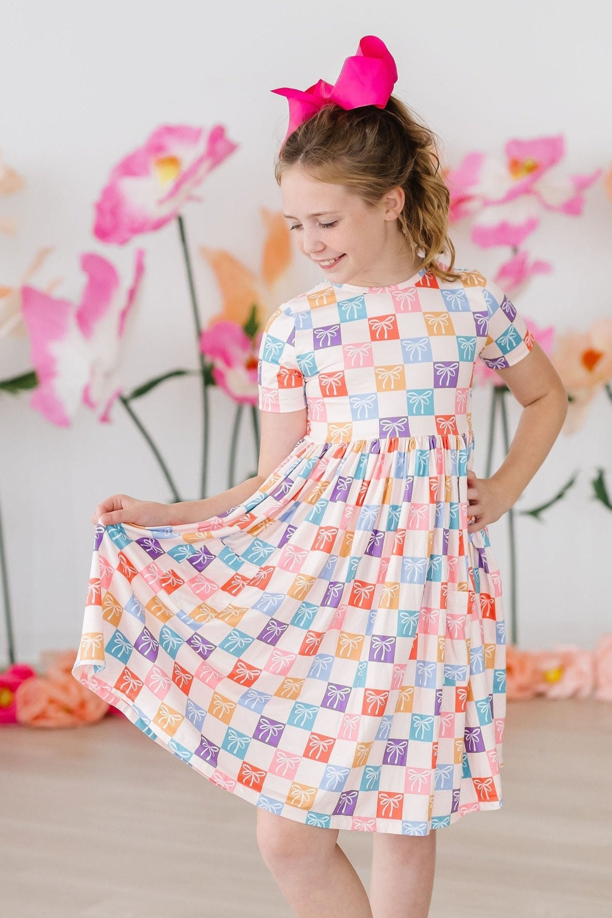 Rainbow Ribbon Short Sleeve Pocket Twirl Dress for Girls - Perfect for Birthday Parties, Dance Performances & Summer Outfits