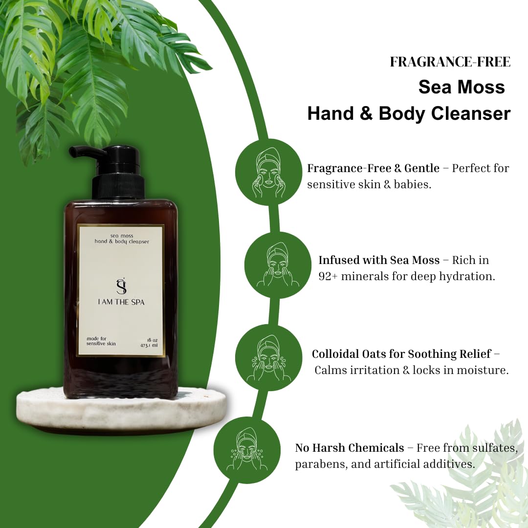 Fragrance-Free Sea Moss Hand & Body Wash | Ultra-Hydrating Gentle Cleanser for Sensitive Skin with Colloidal Oats | Vegan Luxury Skincare for All Ages | Perfect for Daily Shower & Post-Workout Hydration