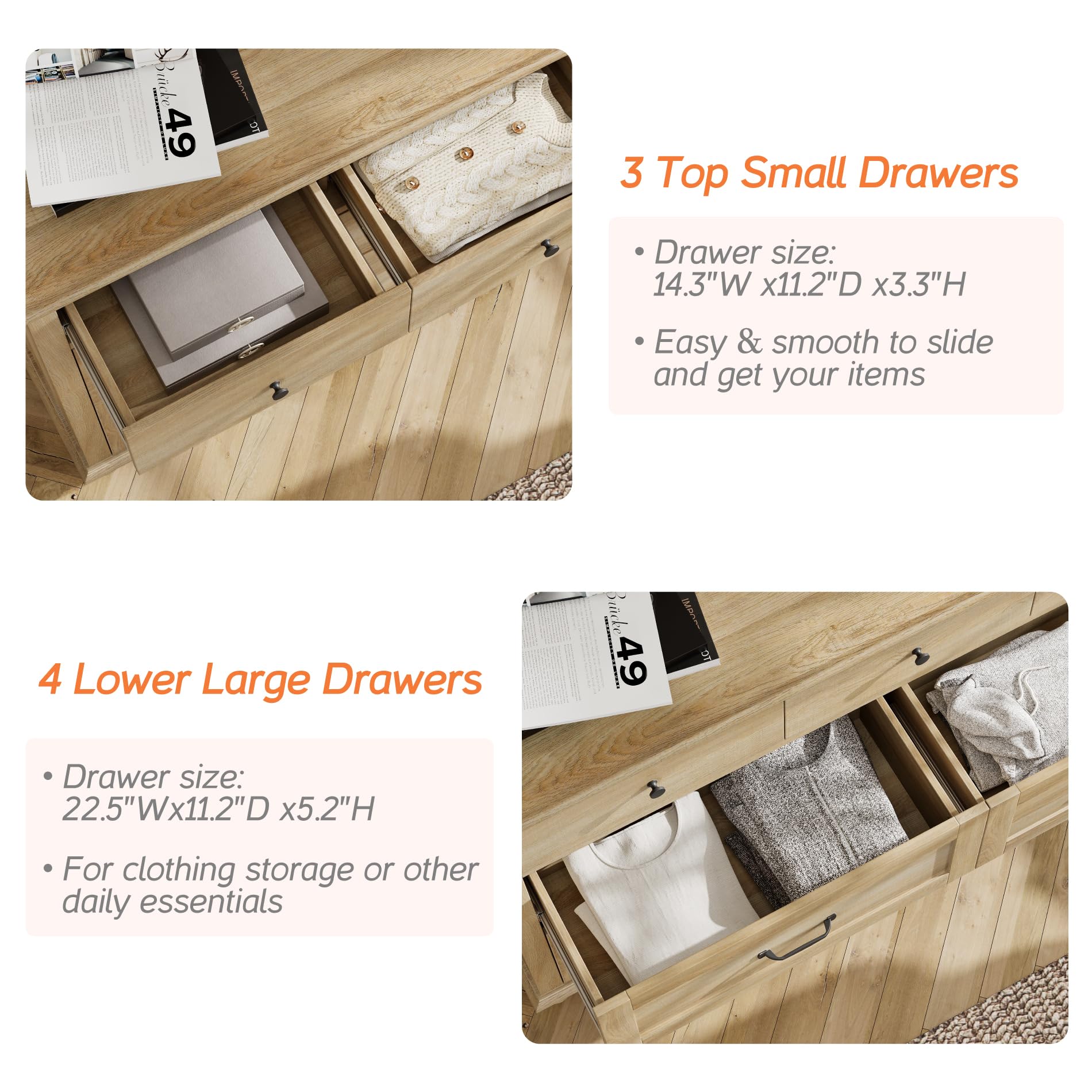 WAMPAT 7-Drawer Kids Dresser for Nursery & Bedroom - Light Wood Chest Organizer, Farmhouse Style, 54 Inch Oak Dresser for Baby & Children's Room - Perfect for Clothes, Toys & Bedroom Storage