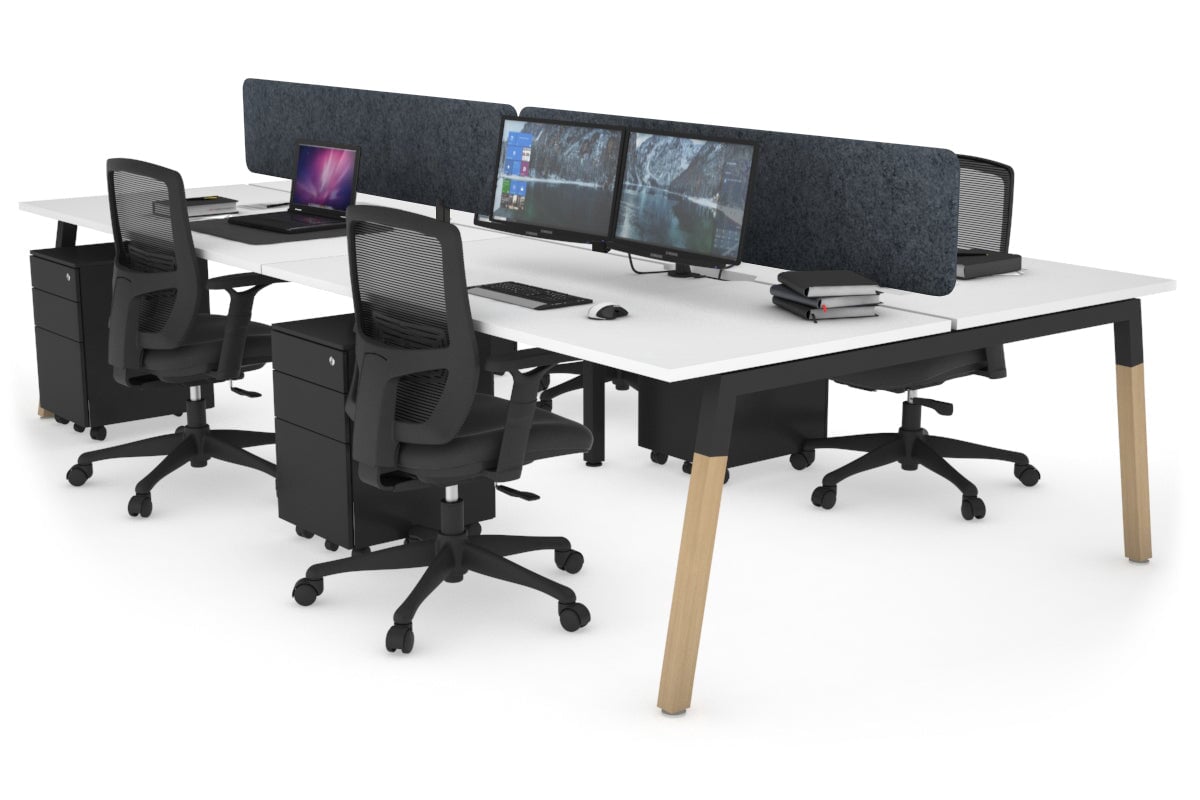 Quadro A Legs 4-Person Office Workstation with Wood Legs & Cross Beam - 1600L x 800W Dimensions with Cable Management Scallop | Perfect for Collaborative Workspaces, Home Offices & Shared Workstations