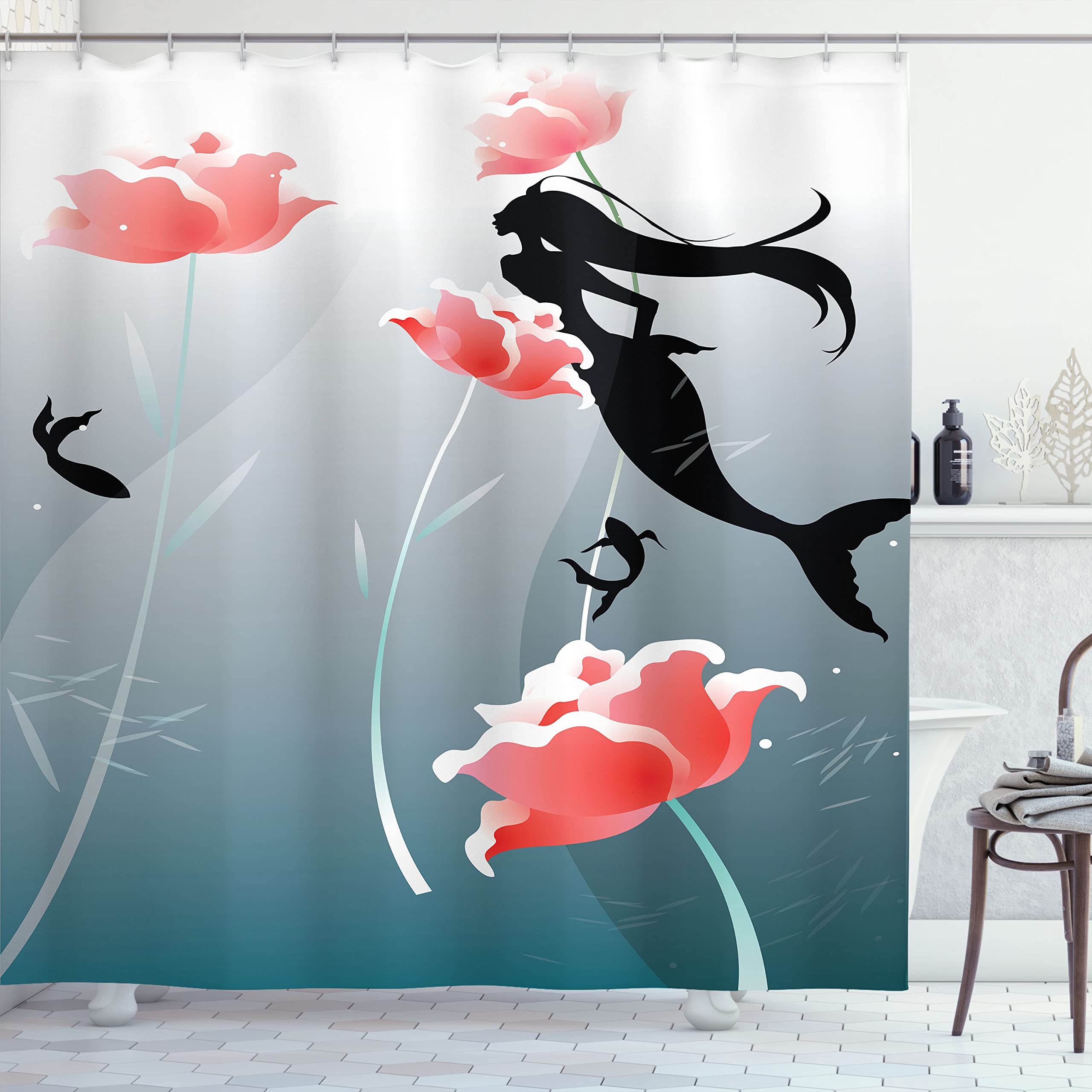 Ambesonne Waterproof Shower Curtain - Mermaid Swimming Silhouette with Underwater Flowers Design, 69