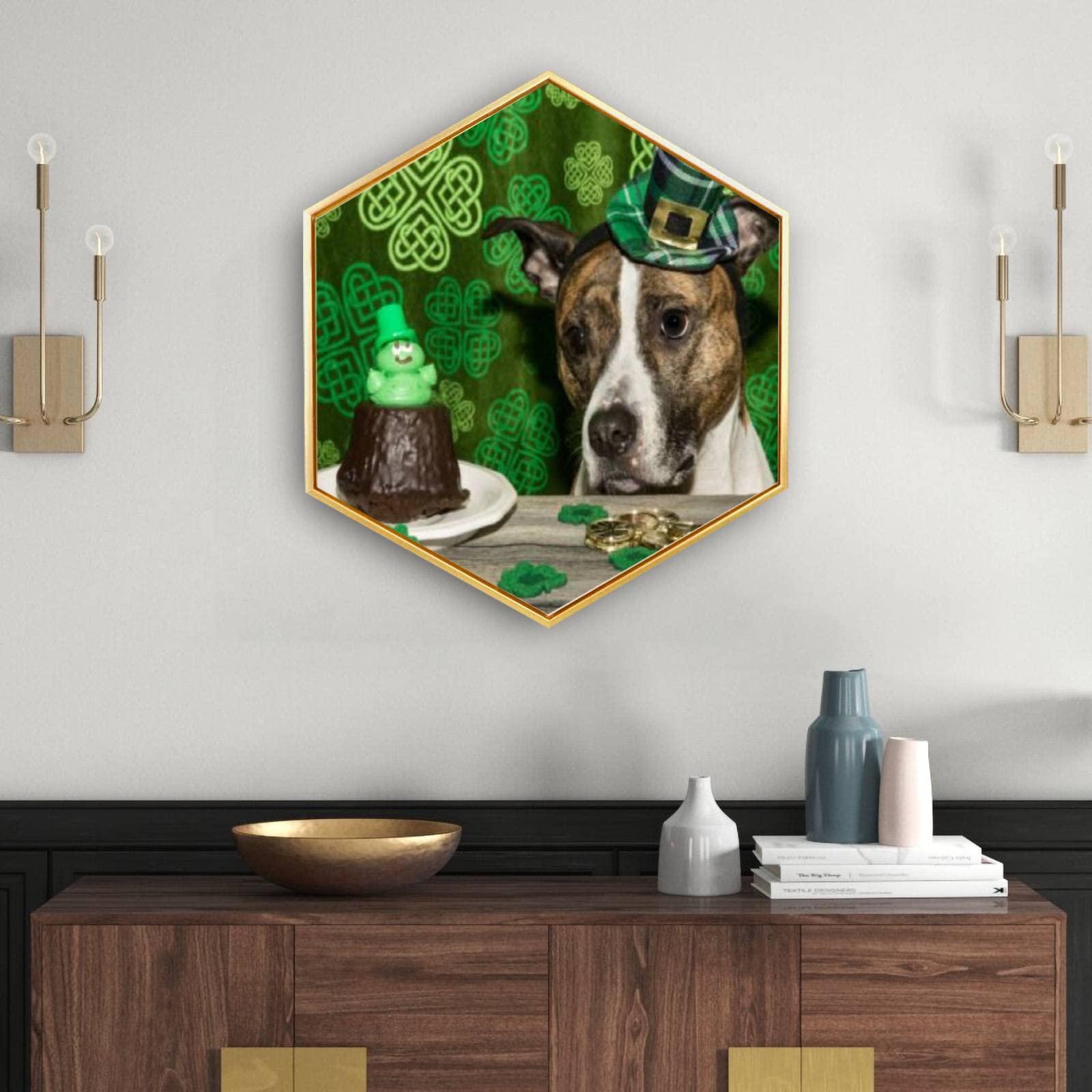 St. Patrick's Day Dog Canvas Wall Art - Golden Framed Giclee Print - Modern Minimalist Hexagon Wall Decor for Home & Office - Ready to Hang - Perfect for Irish-Themed Parties & Holiday Decorations