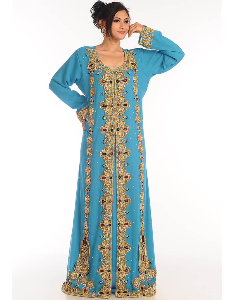 Exquisite Arabic Firozi Georgette Kaftan with Handcrafted Zari Embroidery - Elegant Islamic Dress for Women, Perfect for Eid, Weddings & Special Occasions