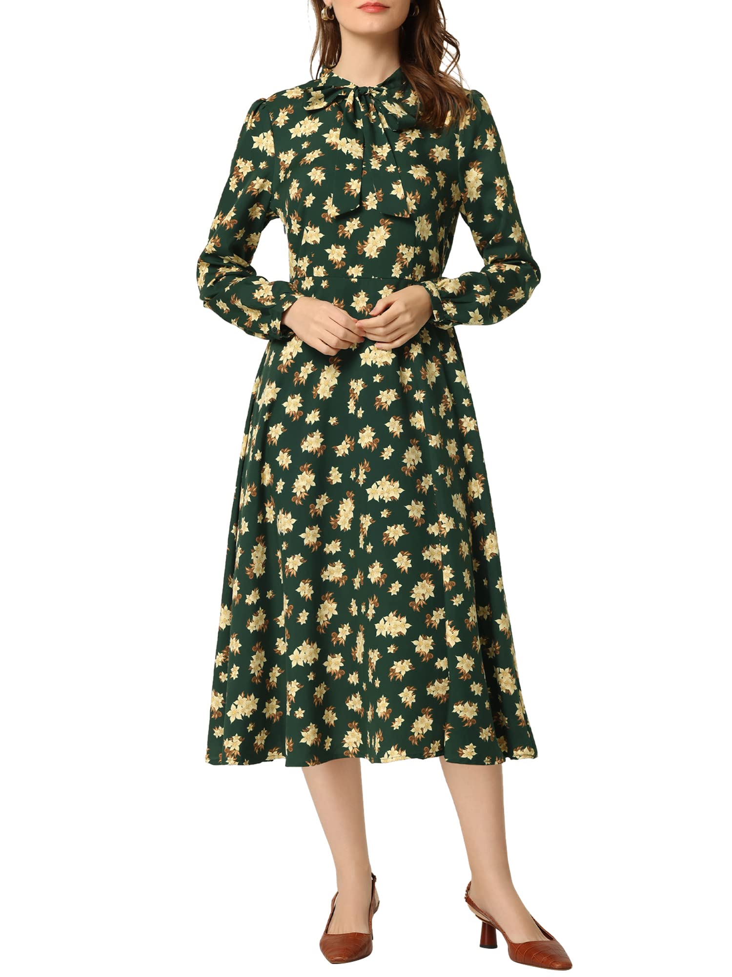 Allegra K Women's Floral Print Belted Bow Tie Neck Long Sleeve Midi Dress for Work, Party & Special Occasions