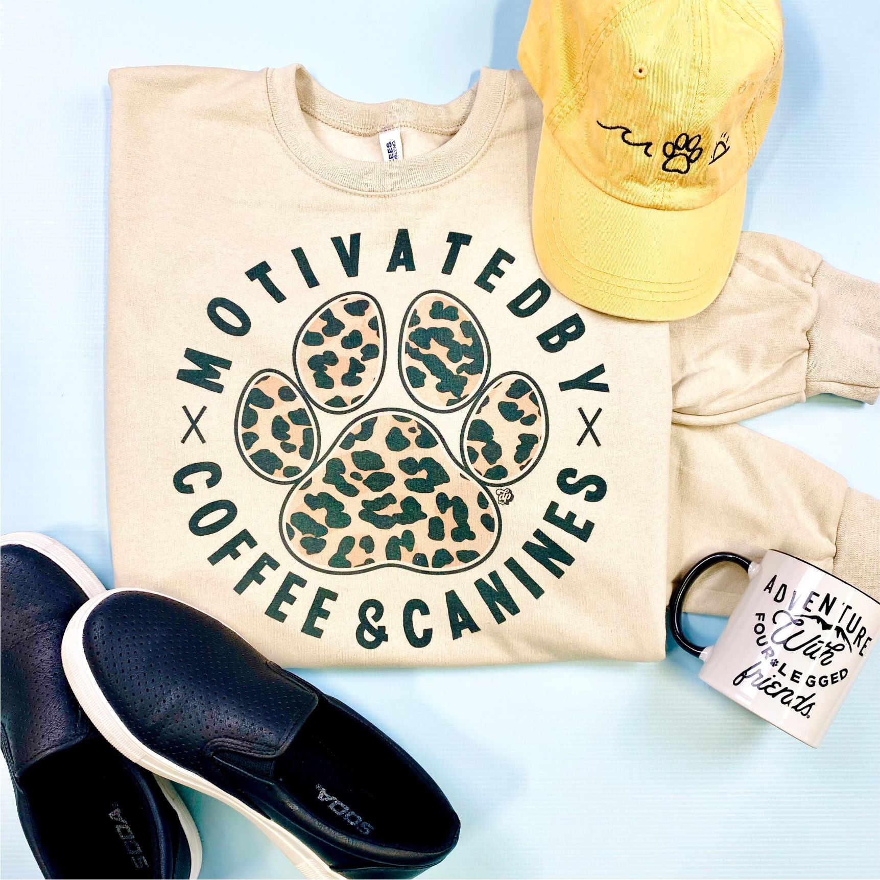Motivated by Coffee & Canines Leopard Print Sweatshirt - Cozy Casual Wear for Dog Lovers & Coffee Enthusiasts
