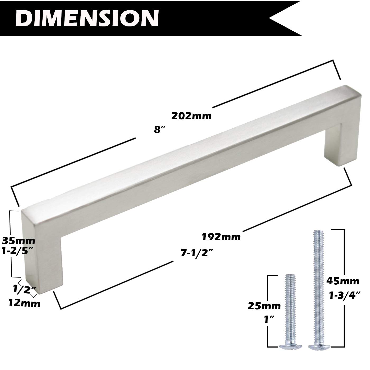Gobrico 10 Pack 7.5 Inch (192mm) Square Cabinet Handles - Brushed Nickel Drawer Pulls for Bathroom, Bedroom & Kitchen Furniture - Durable Stainless Steel Hardware for Cabinets, Dressers & Vanities