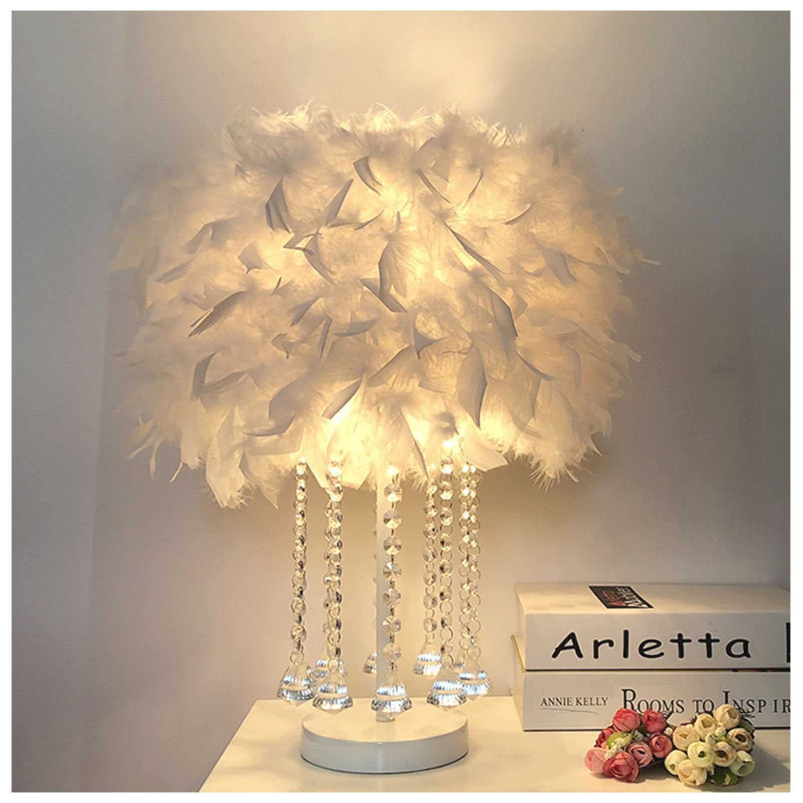HSART White Feather Table Lamp - Modern LED Desk Lamp with Crystal Base, Elegant Night Light for Bedroom, Living Room, Wedding & Home Decor - Perfect for Girls Room, Bedside & Gift Ideas