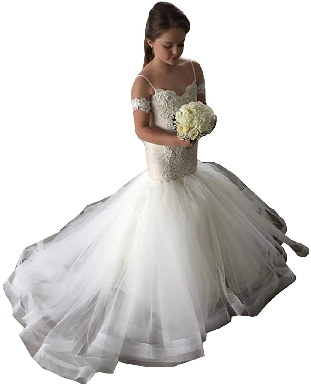 Gzcdress Elegant Mermaid Flower Girls Dresses for Wedding - Lace & Tulle Kids Junior Bridesmaid Dress with Train (Size 46) | Perfect for Flower Girls, Pageants & Special Occasions