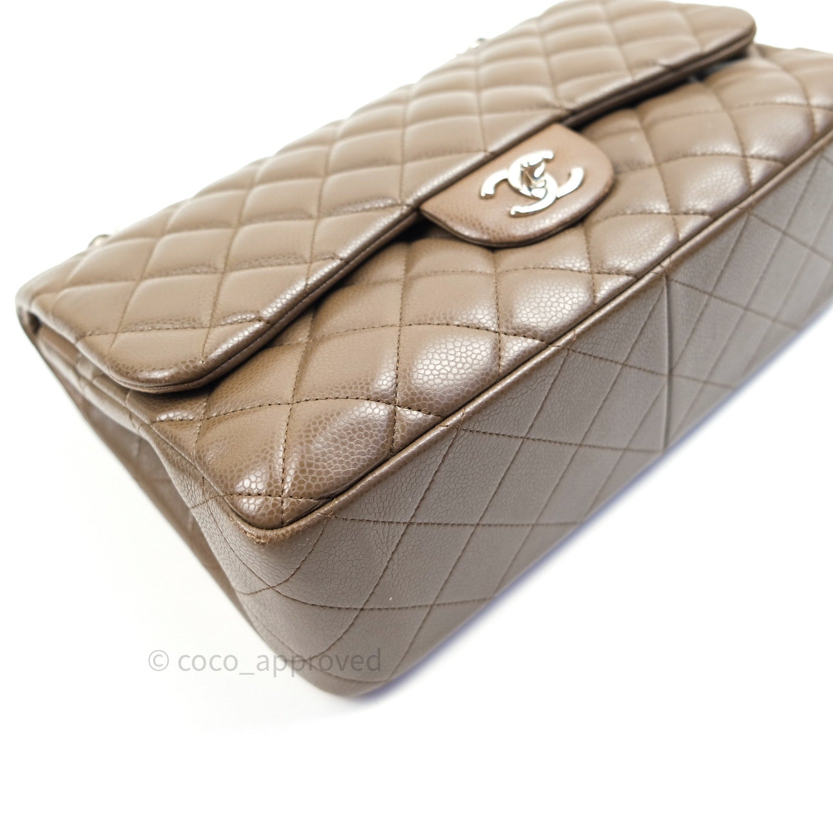 Chanel Classic Double Flap Quilted Jumbo Bag in Khaki Caviar Leather with Silver Hardware - Luxury Designer Handbag for Women, Perfect for Work, Evening Events & Everyday Use