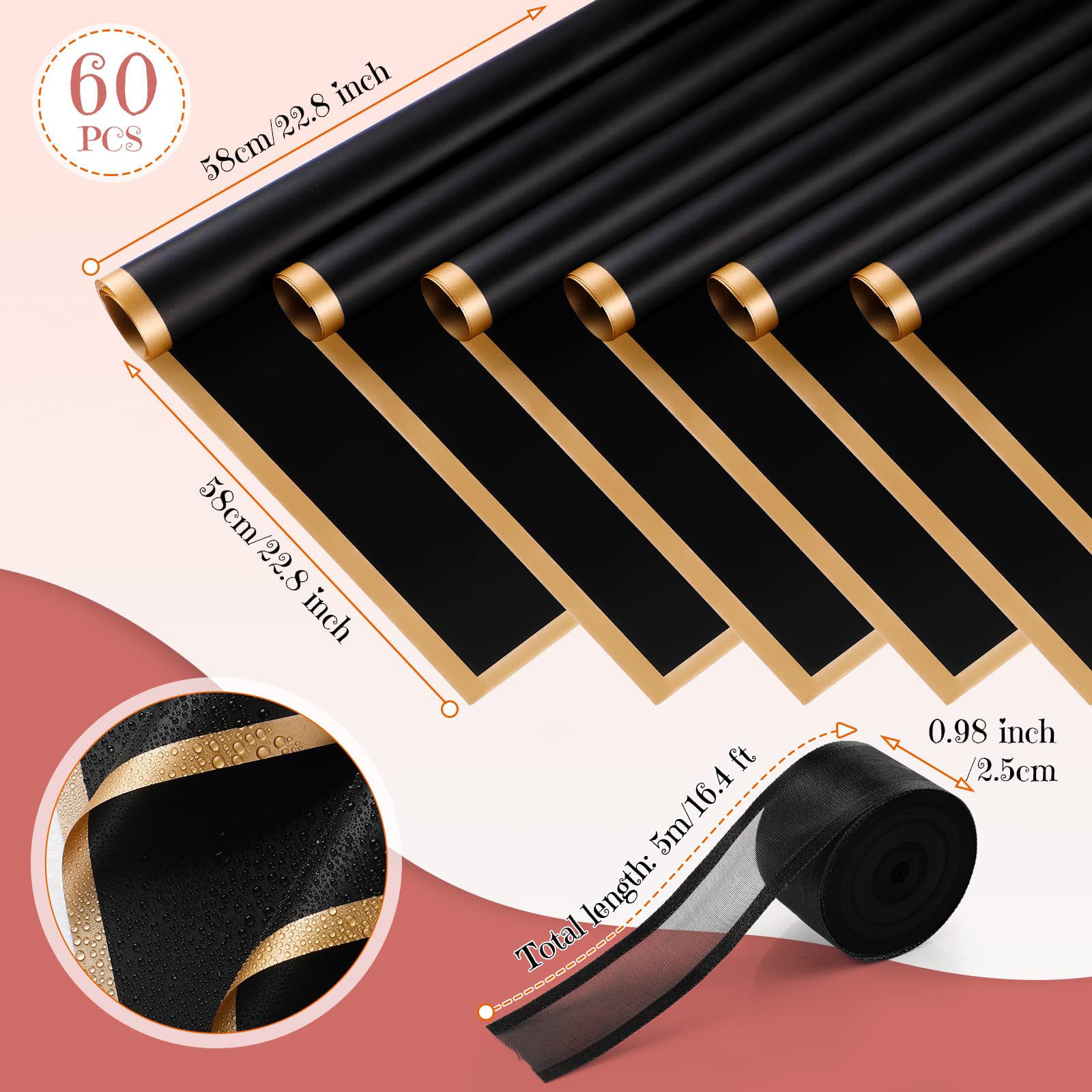 60 Sheets Waterproof Floral Wrapping Paper with Gold Edge - Korean Style Bouquet Wrap for DIY Crafts, Valentine's Day Gifts, Wedding Decorations - Perfect for Flower Arrangements, Gift Packaging & Party Decor (Black)