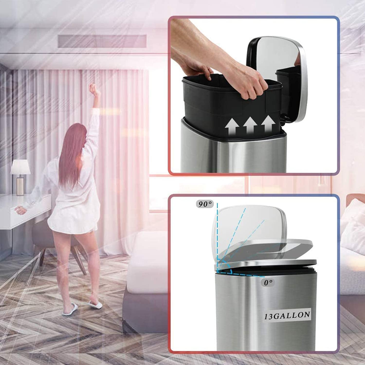 13 Gallon Brushed Stainless Steel Step Trash Can with Soft-Close Lid - 50L High Capacity Kitchen Garbage Bin for Home, Office, Bathroom & Bedroom - Odor Control & Hands-Free Disposal for Modern Living Spaces