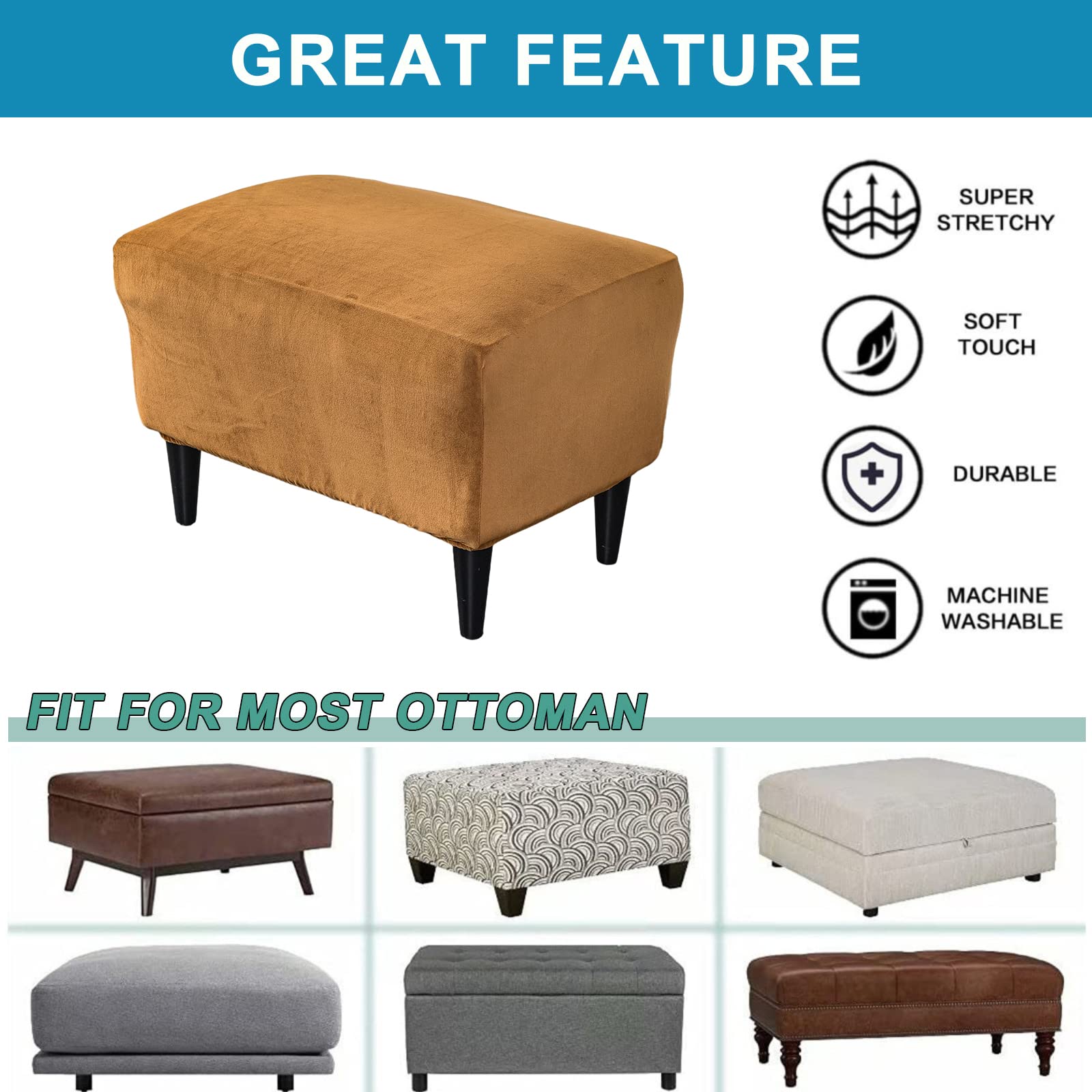 CRFATOP X-Large Velvet Ottoman Chair Cover - Stretchable Rectangle Storage Stool Slipcover with Elastic Bottom for Footrest, Footstool & Sofa | Home Decor, Living Room, Bedroom (10 Sizes)