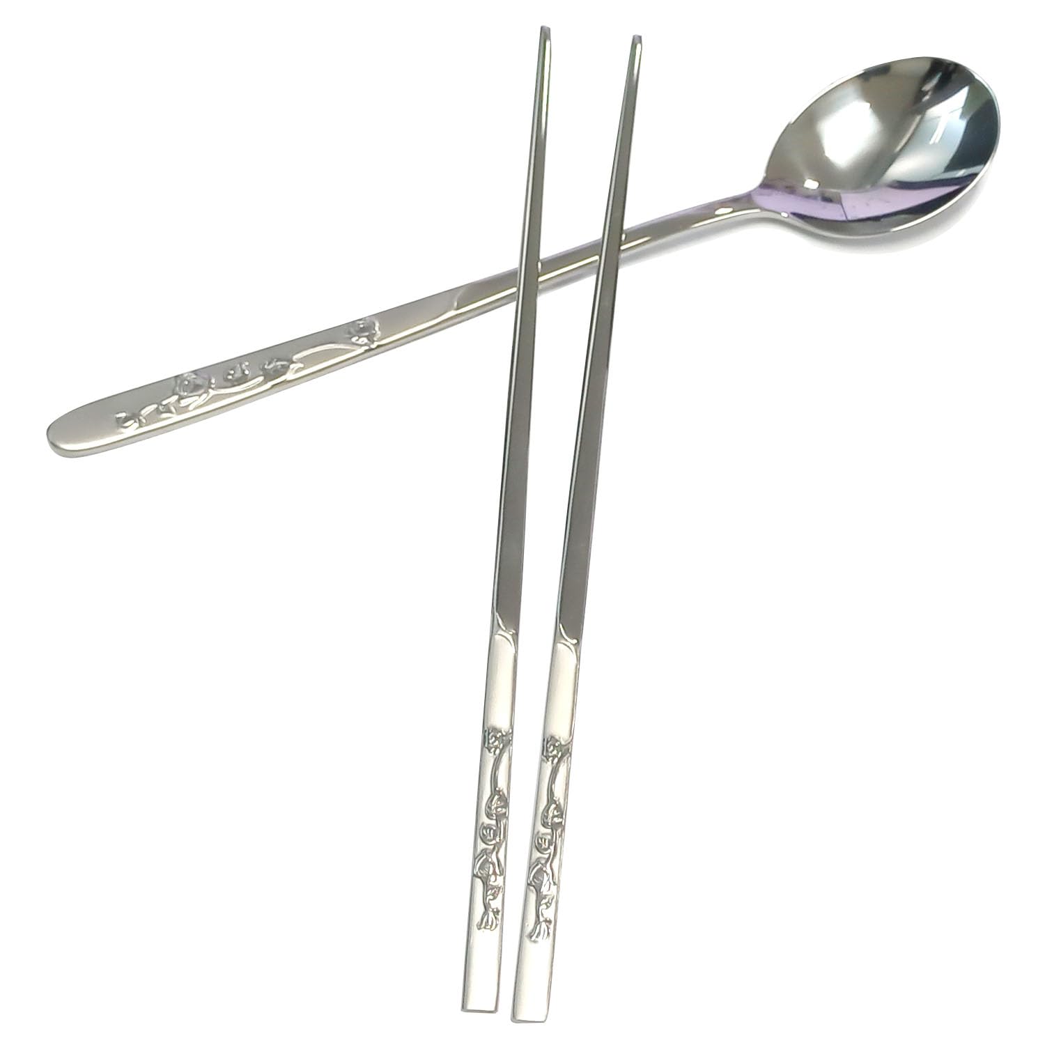 SUPIA Korean Traditional Stainless Steel Cutlery Set - Reusable Long Handle Spoons & Chopsticks for Dining, Gift, or Home Decor (Silver Rose)
