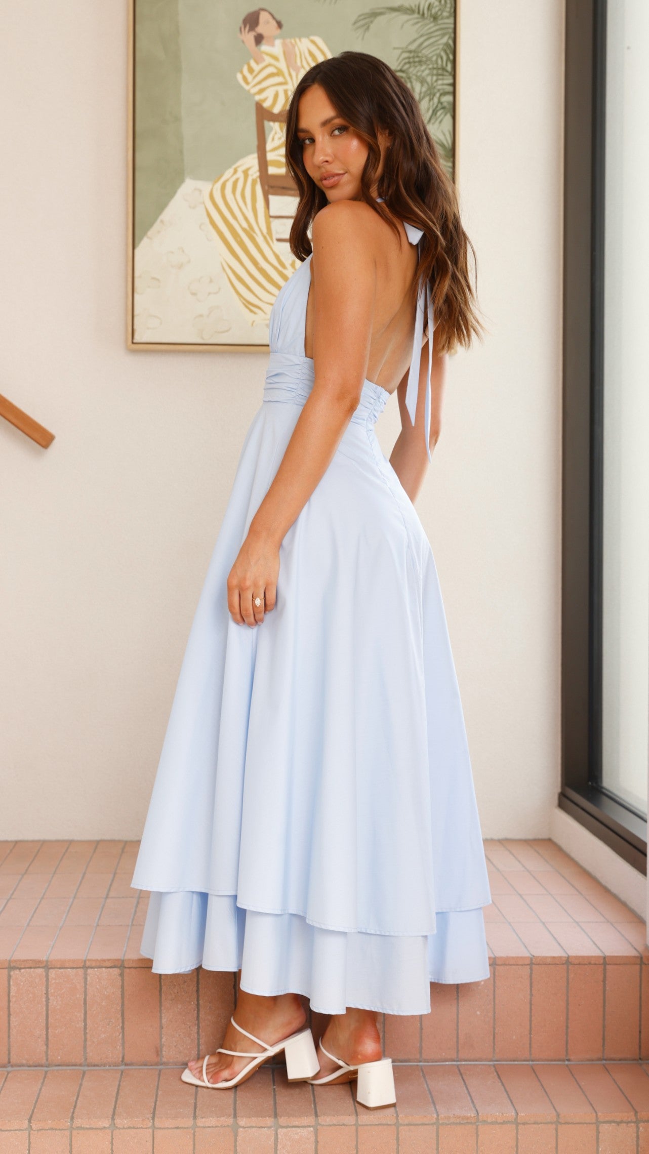 Elegant Kathy Halter Neck Maxi Dress in Light Blue - Perfect for Summer Beach Vacations, Weddings & Evening Parties