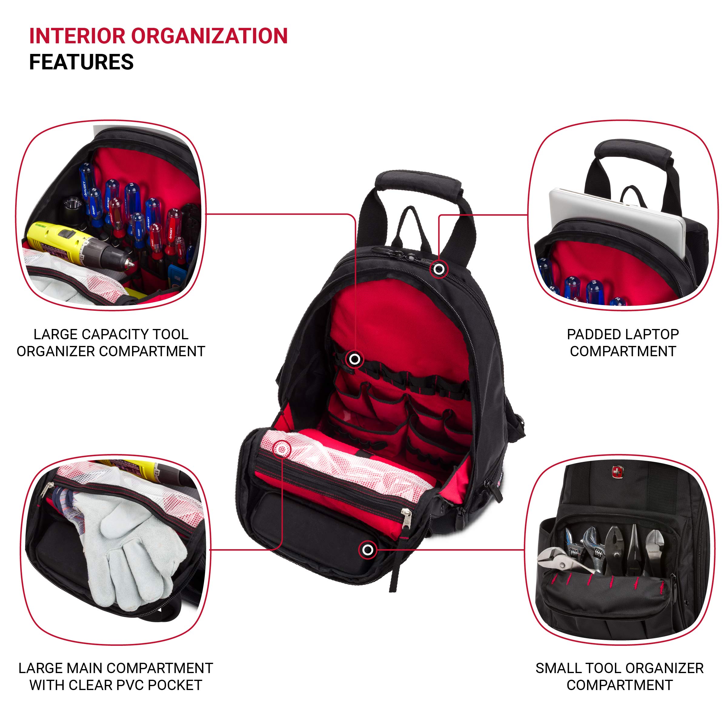 SwissGear Durable Tool Bag Backpack for Professionals - Water-Resistant Work Pack with Laptop Compartment (Fits 15-Inch Laptop) - Ideal for Electricians, Contractors & DIY Projects - Black