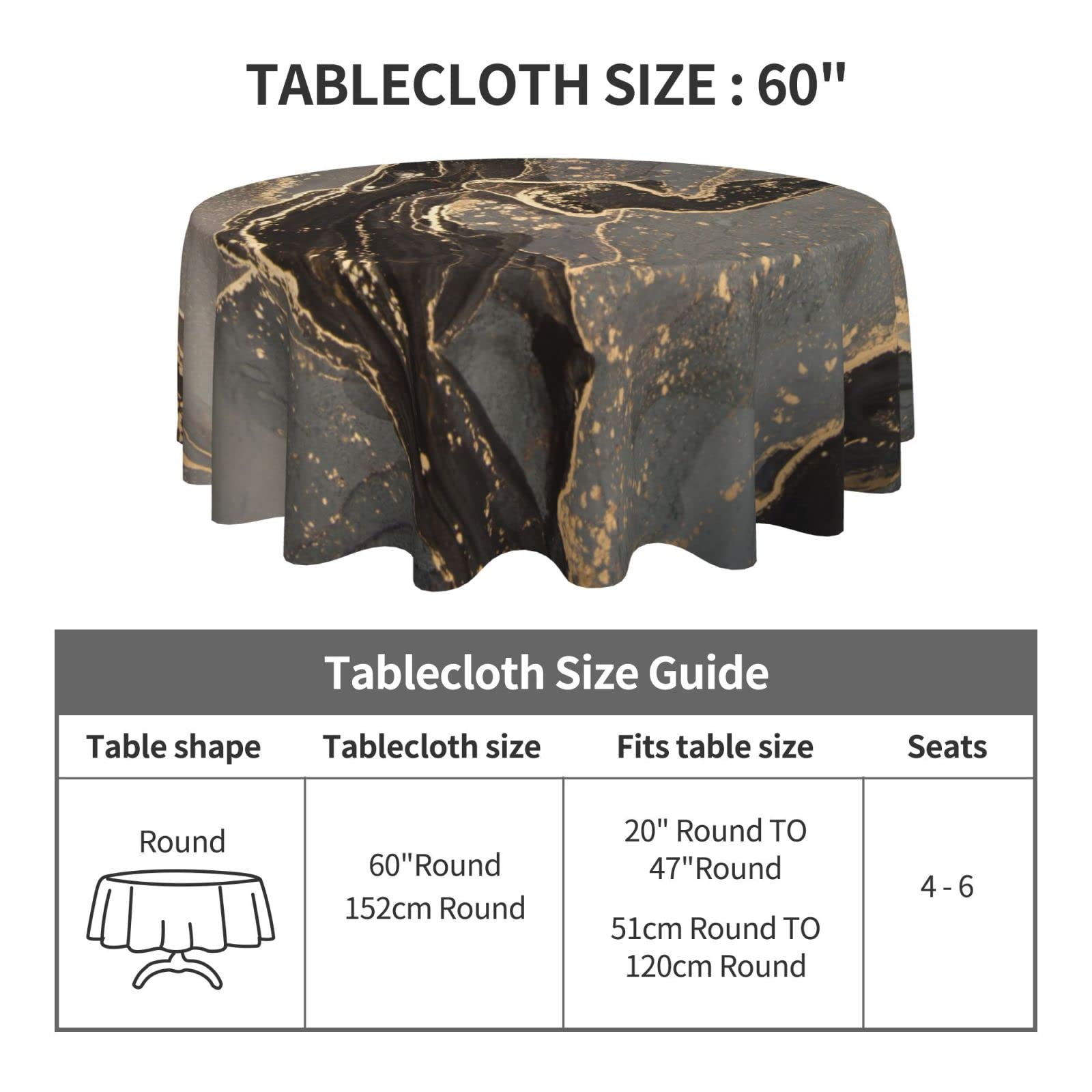 **60 Inch Round Black Gold Marble Tablecloth - Waterproof Polyester, Anti-Slip, Modern Gold Foil Design for Kitchen & Dining Table Decor - Perfect for Parties, Weddings & Home Decor**