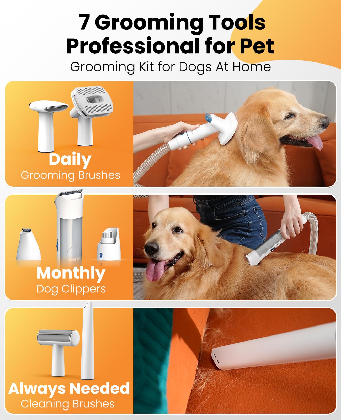 Oneisall Dog Grooming Vacuum - 13000Pa Powerful Pet Hair Vacuum with 7 Grooming Tools (Clippers & Shedding Brush), 3L Dust Cup, 3 Suction Levels, Ultra Quiet BM3 - Perfect for Home Pet Grooming & Shedding Control