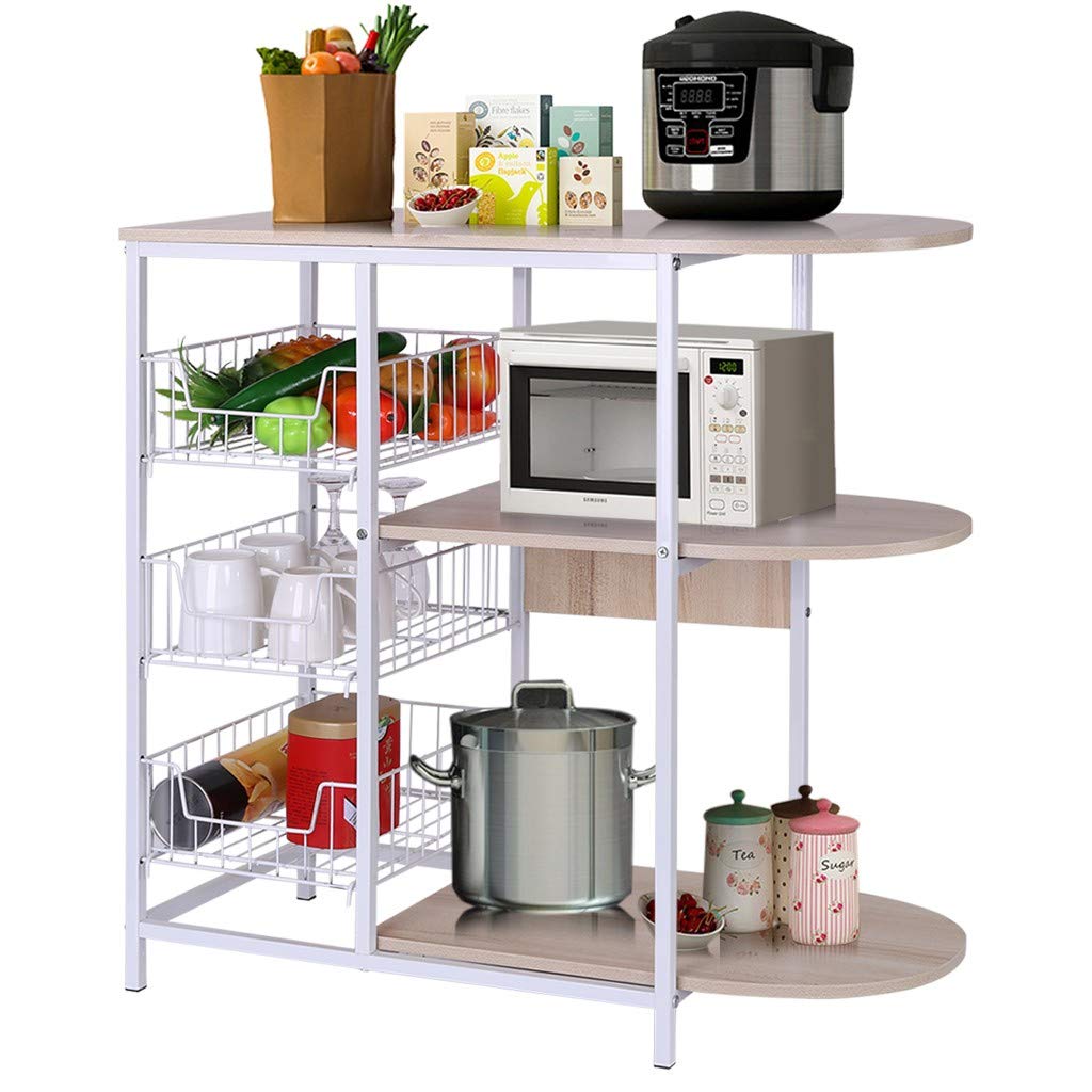 Large Capacity Baker's Rack for Kitchen with 3 Foldable Pull Baskets - Microwave Stand & Utility Storage Shelf - Perfect for Small Kitchens, Pantry Organization & Microwave Workstation (Brown) [US Delivery]