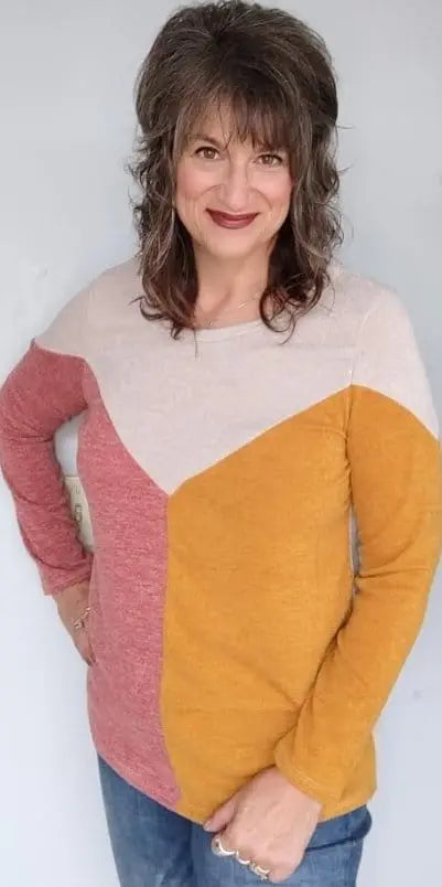 Bibi Women's Colorblock Top in Rust & Mustard | Trendy Short Sleeve Blouse for Casual Outings & Date Nights