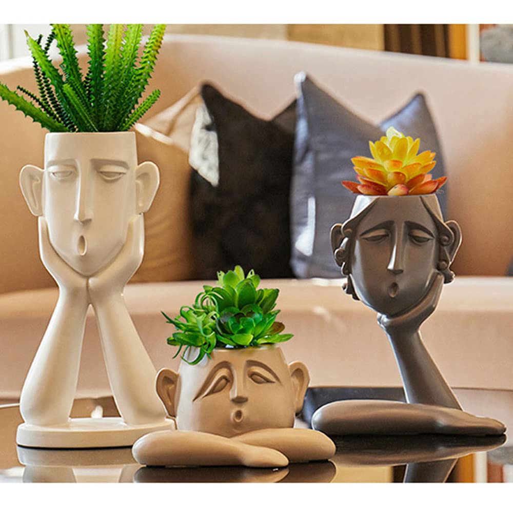 3-Piece Ceramic Face Vase Set - Unique Bust Head Shaped Flower Pots, Goblin Statue Planters for Succulents & Small Plants - Modern Home & Office Decor for Living Room, Bedroom, or Gift Giving