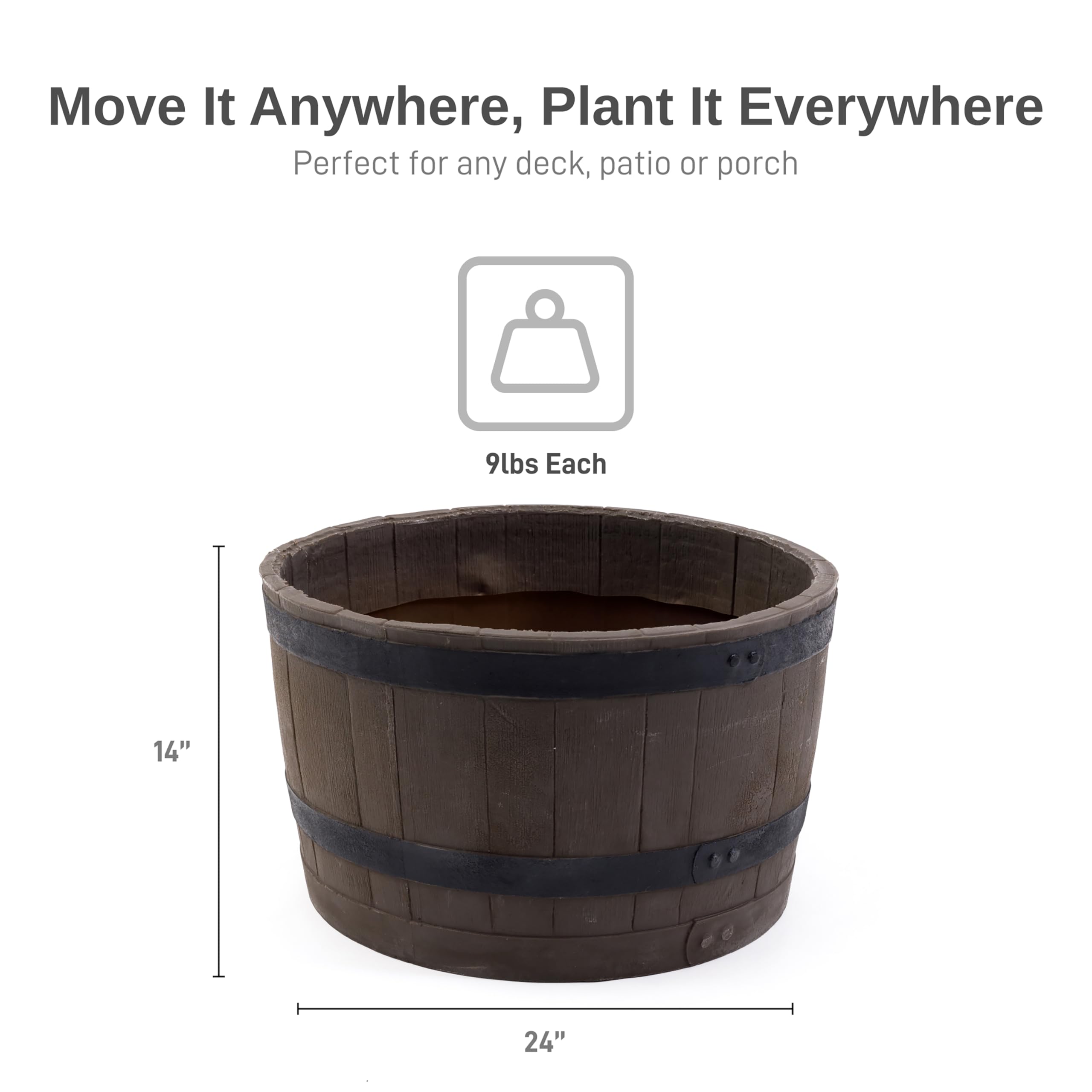 Premium Polyethylene Whiskey Barrel Planters for Indoor/Outdoor Decor - Wood Grain Finish with Black Stripes (Set of 2) - Perfect for Patio, Garden, Balcony & Home Décor